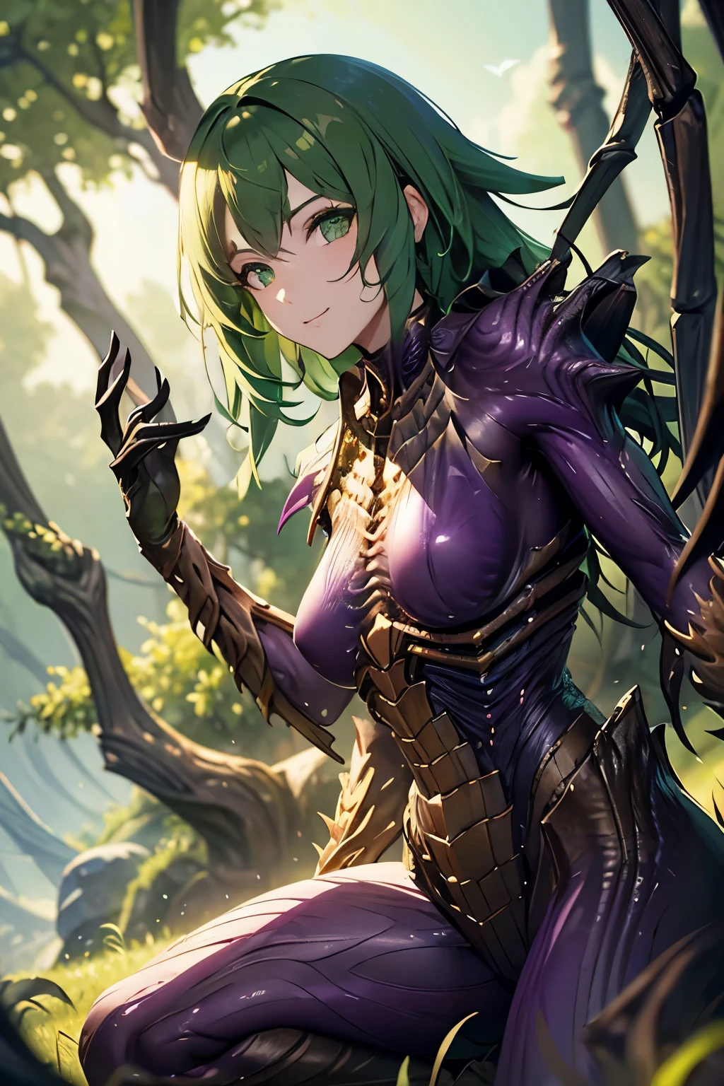 a friendly face expression with beautiful green eyes and waved green hair, great details and clear textures, great animated, artstation quality