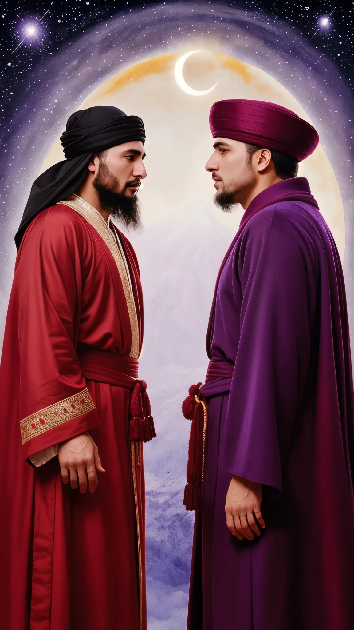 Highly detailed illustration of a Mevlana and a Rumi looking at each other. Perfectly detailed Rumi. Perfectly detailed Rumi. Sacred solar eclipse. Beautifully detailed faceevlana in red robe)), ((Rumi in purple robe)), illustrated by Mschiffer, best resolution, best quality, hyper detailed, sharp focus