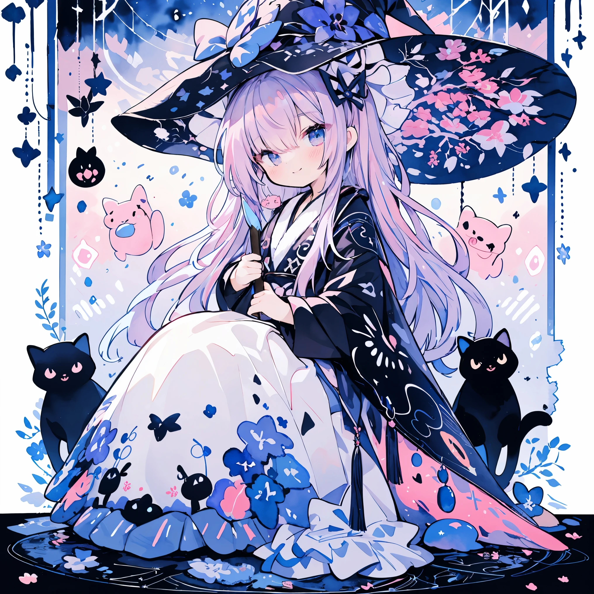 (PastelColors:1.5)、(Cute illustration:1.5)、(watercolor paiting:1.2)、1 Youth Full Body Subian、facing front、Purple Themed Witch、Holding a magic broom、Fantasia、witch's hat、Chinese、Light purple hair、a magical world、Purple witch clothes、Black cobweb、Happiness、kirakira、smil、The best smile、Black and purple motifs、black cat