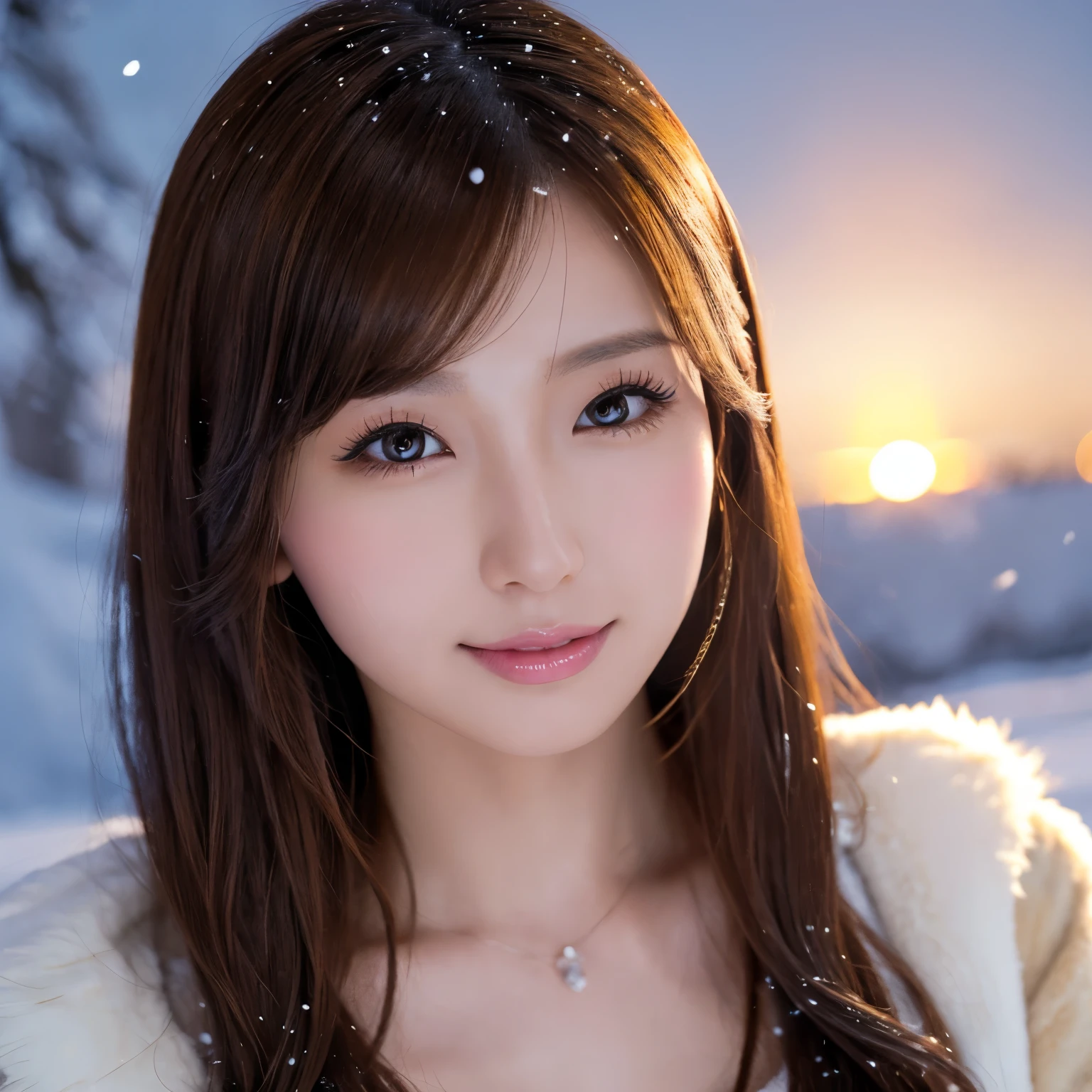 (table top、highest quality、8k、Award-winning work、ultra high resolution)、one beautiful woman、(Wearing an elegant thick fur beige coat:1.2)、knit sweater、perfect fit、brown hair、white skin、(big cleavage:1.1)、Very long wavy hair、epic movie lighting、(romantic love feeling:1.1)、(A vivid and magical sunset:1.1)、(The most romantic and moody atmosphere:1.1)、winter、snow scene、It&#39;s snowing、(Walking through the snowy city:1.1)、look at me、(Exposing big breasts that are about to burst:1.2)、(Most emphasize the body line:1.2)、very long hair、blurred background、accurate anatomy、ultra high definition hair、ultra high resolutionの完璧な美しい歯、Ultra high definition beauty face、ultra high definition hair、Super high-definition sparkling eyes、輝くultra high resolutionの美肌、ultra high resolutionの艶やかな唇、(close up of face:1.3)、look straight at me from the front
