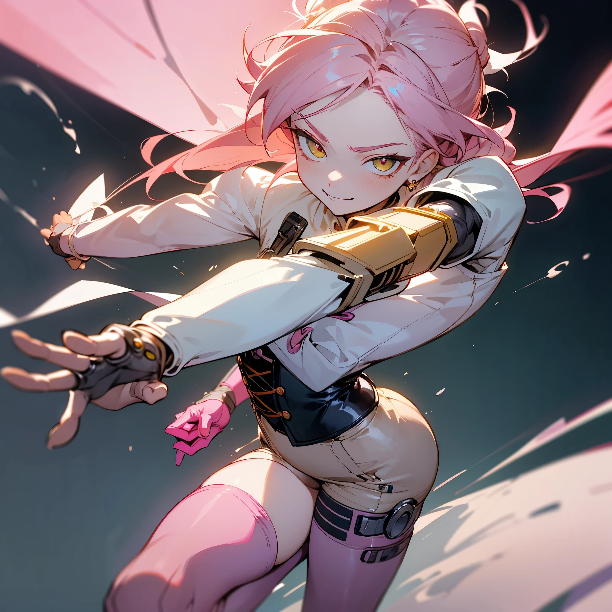 effeminate teenage boy, pale rosy skin, soft appareance, long messy hair, tied up in bun hair, dirty looking, pastel pink hair, delicate and , small round face, BIG EYES, yellow honey eyes, cyborg body, long red gloves, corset, high-thigh socks, dynamic poses, smug smile, night club background 