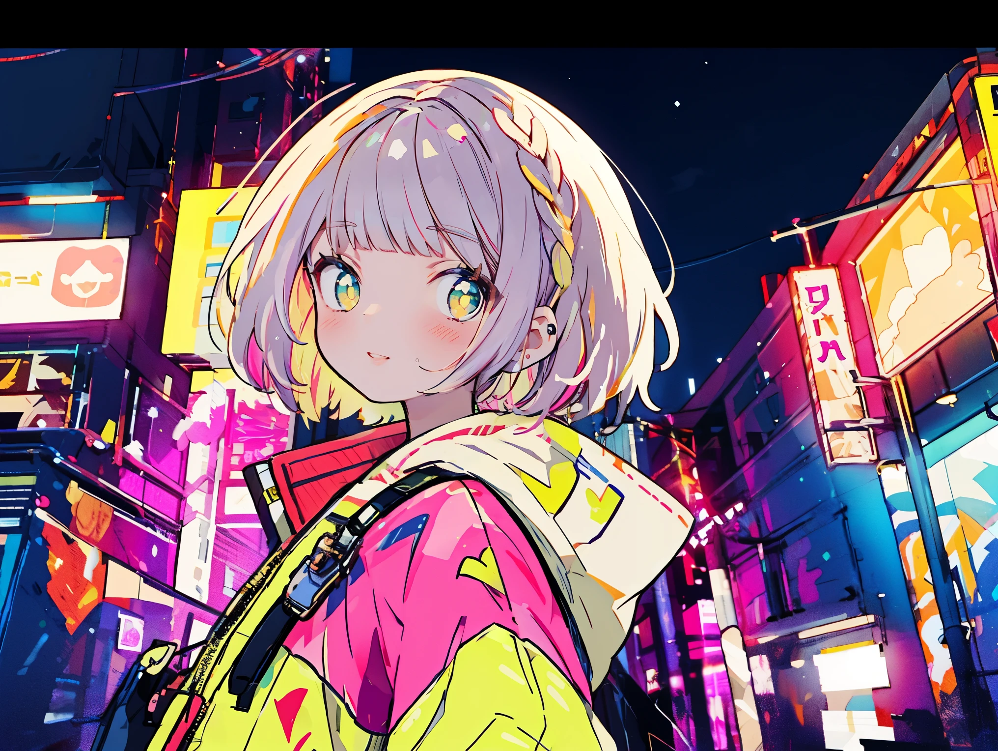 masterpiece, highest quality, 1 girl, City Pop, night, neon light, looking at something else, Upper body, vector illustration, Jacket, light smile, dull bangs, long hair