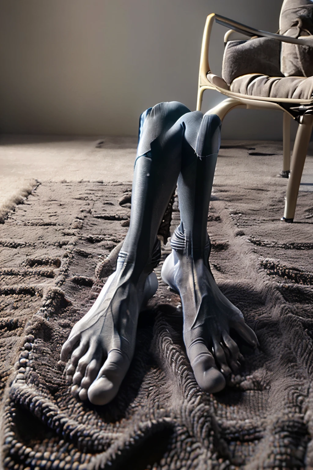 grey pale alien feet and legs resting on a colorful furry carpet indoors, close up, realistic