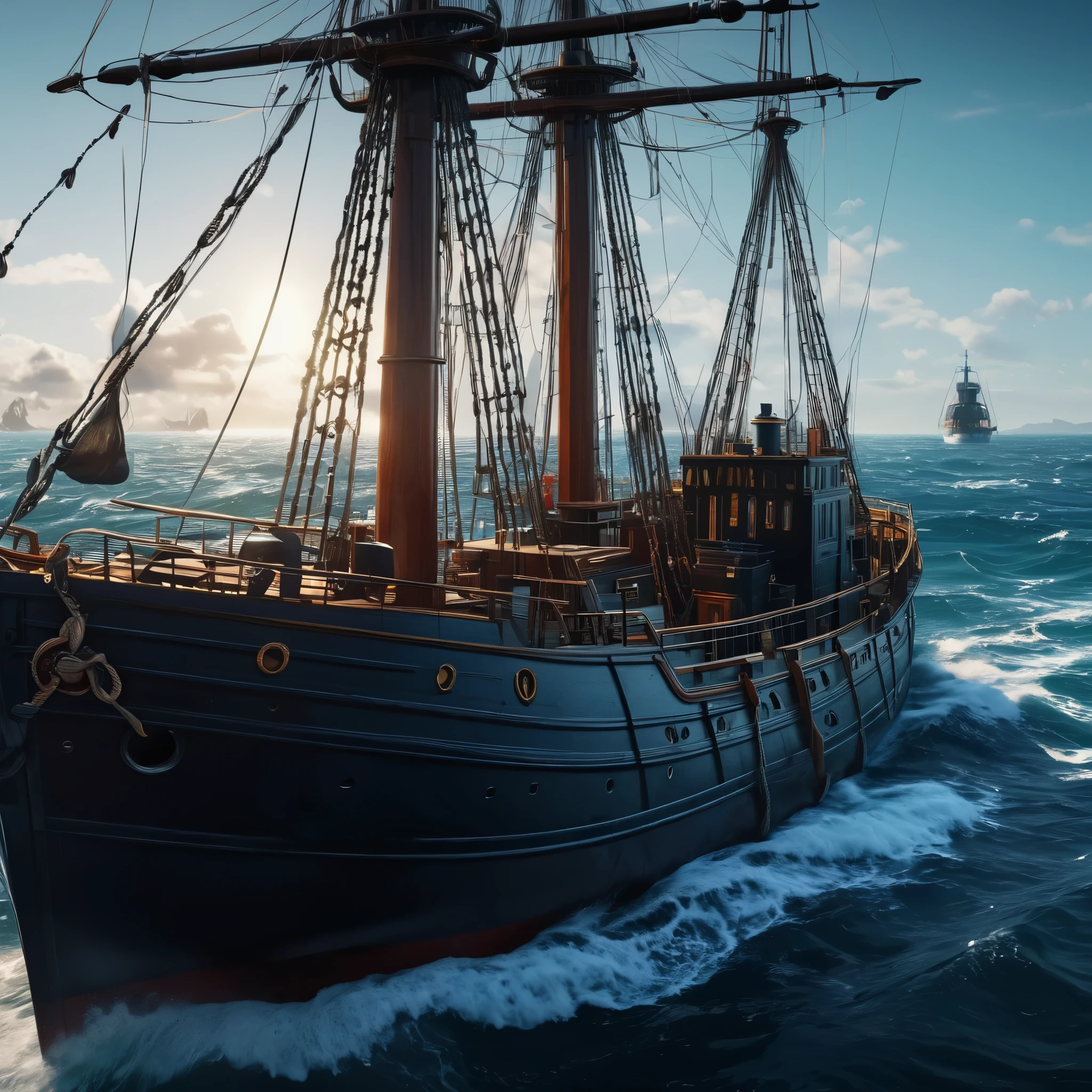 create an image demonstrating the style of ((Dark Nautical)) style, hyper realism, 8k high definition, vibrant colors, sharp focus, insanely detailed