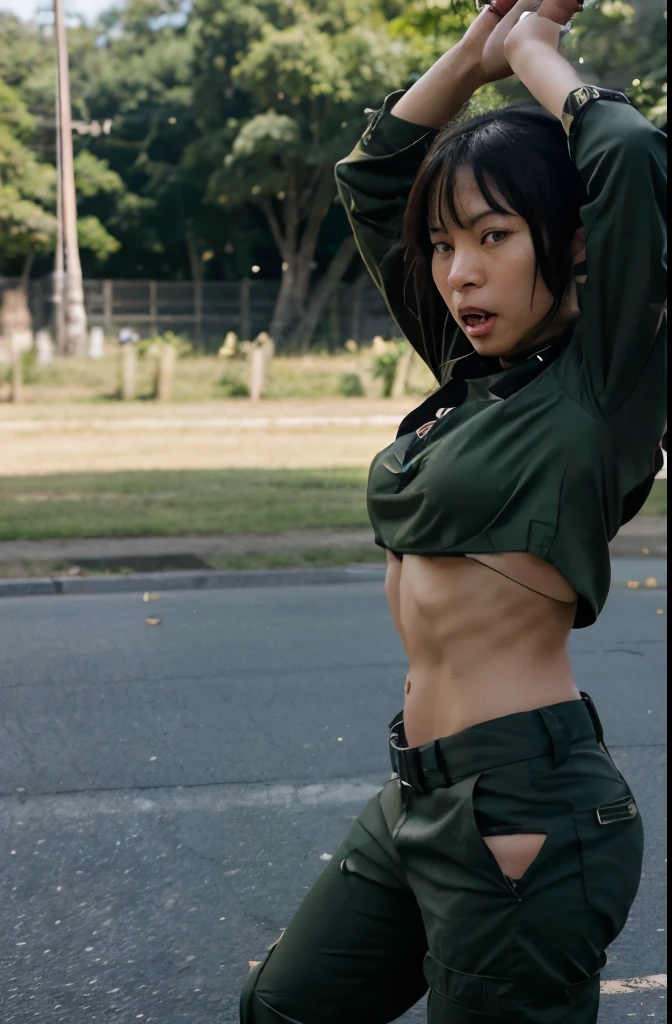 japanese female humiliating parade, short black hair, bondage, full body, army pants uniform only , freeze position, She is forbidden to move otherwise she dies, show her hands up because she's surrendering, She shows that she is not armed, jungle village, defeated, very sweaty face, submission, muscle, abs, shameless angry expression face, exposure, side view