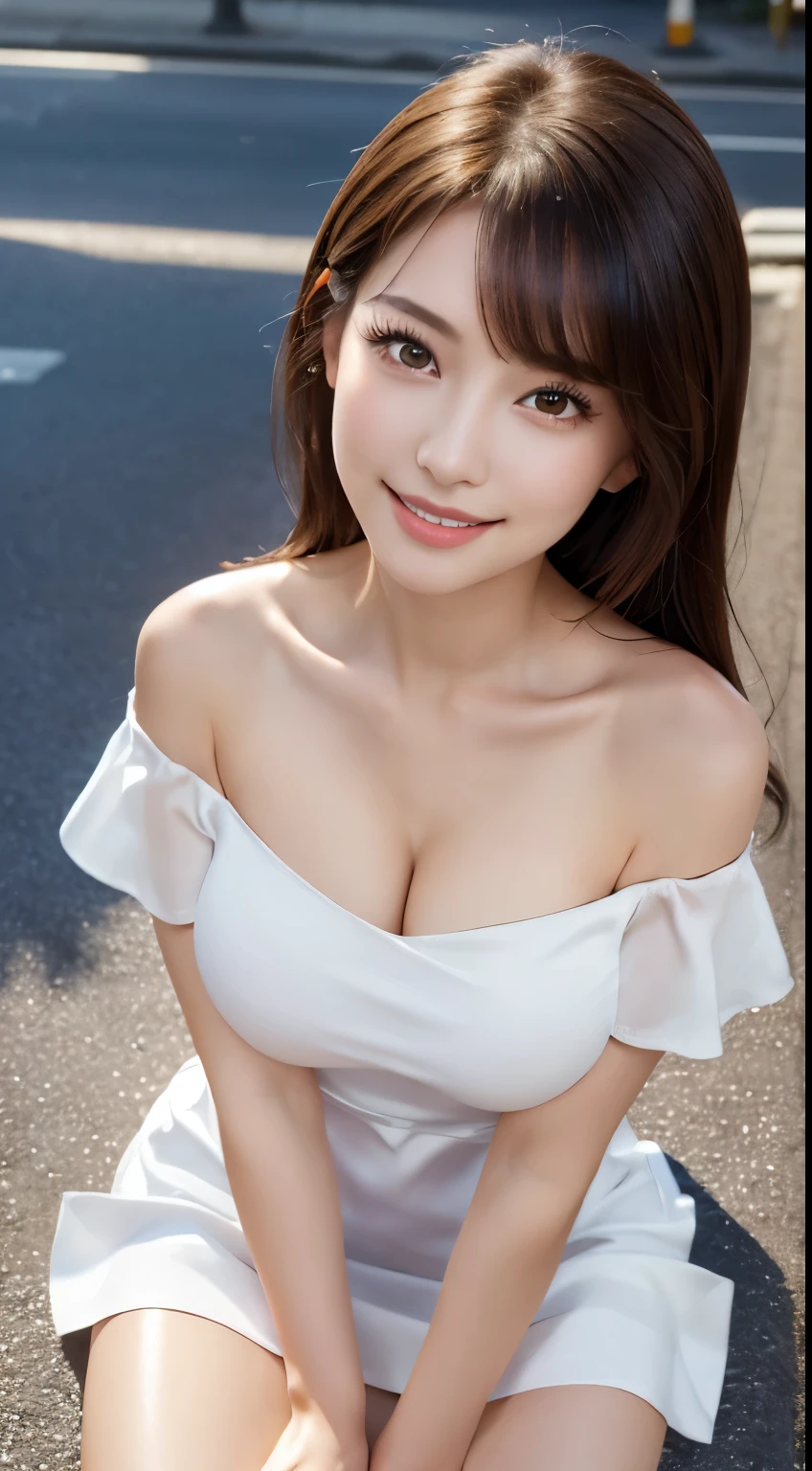 (8k, 超A high resolution, highest quality, table top:1.2)、Japanese girl raw portrait、超A high resolution、highest quality、 (huge breasts,:1.5)、｛Because I&#39;m slender:1.2｝｛not wearing underwear:1.5｝、(She is wearing a white sleeveless off-shoulder dress:1.7)、(from hands to waist:1.6)、(in the street:1.2)、(look up:1.2)、 break (natural skin texture、fine skin、hyper realism、Super sharpness)、intricate details、Depth of the bounds written、sexy adult woman、Long black hair straight、tight buttocks、((masterpiece、highest quality、high detail))、(Photoreal:1.4)、solo、smile happily、Big eyes、Clear double eyelids、eyelash、long neck、Absolute area、beautiful clavicle、perfect face、thin lips、small face、(look at the viewer、eye highlights、light brown eyes、lip gloss)、(from directly below:1.5)