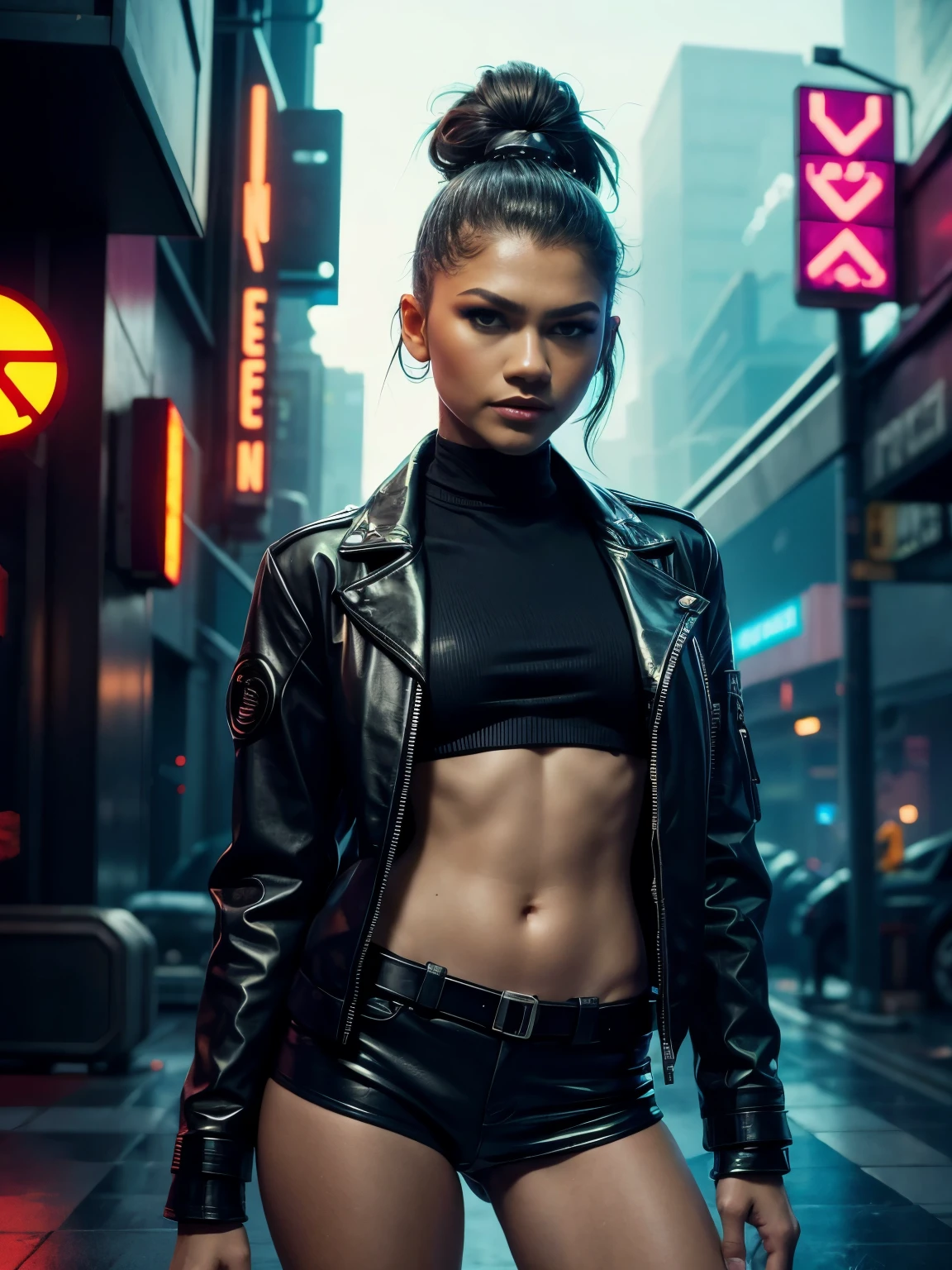 there is a woman (Zendaya) in a leather jacket and shorts posing for a picture, beautiful cyberpunk woman model, cyberpunk photo, cyberpunk beautiful girl, cyberpunk angry gorgeous goddess, cyberpunk girl, in a cyberpunk setting, ross tran 8 k, cyberpunk judy alvarez, cyberpunk women, cinematic. by leng jun, in cyberpunk style, by Raymond Han, cyberpunk woman