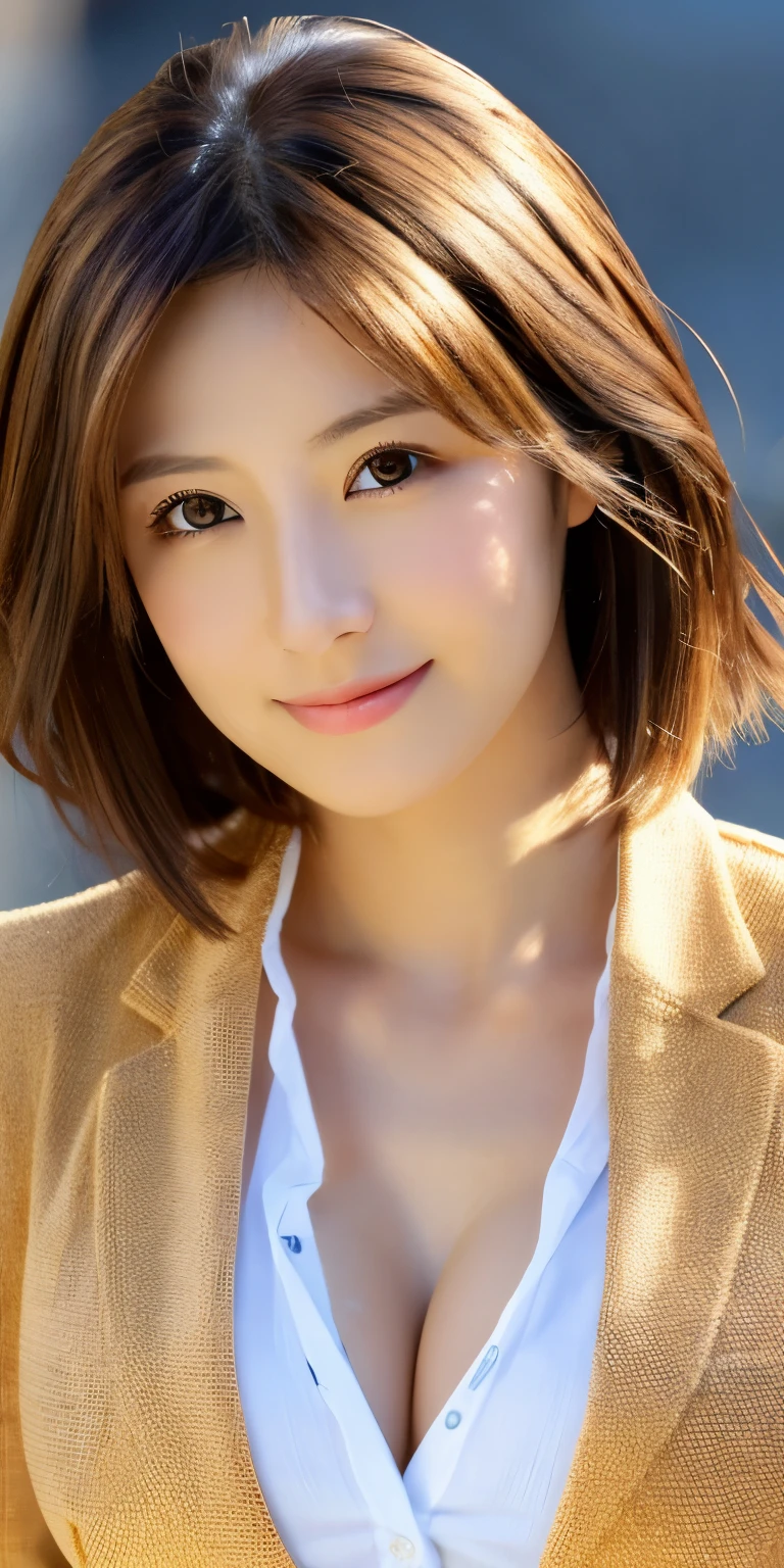 masterpiece、highest quality、High resolution、table top、wallpaper、realistic、bright lighting、professional lighting、face light、smooth lighting、japanese woman、adult、Beautiful woman、was acted upon、gravure、sexy、poor、super beautiful、beautiful skin、beautiful and detailed eyes、detailed face、slim、medium big breasts、short hair、brunette colored hair、brown eyes、look at the camera、high school girl、blazer、shirt、