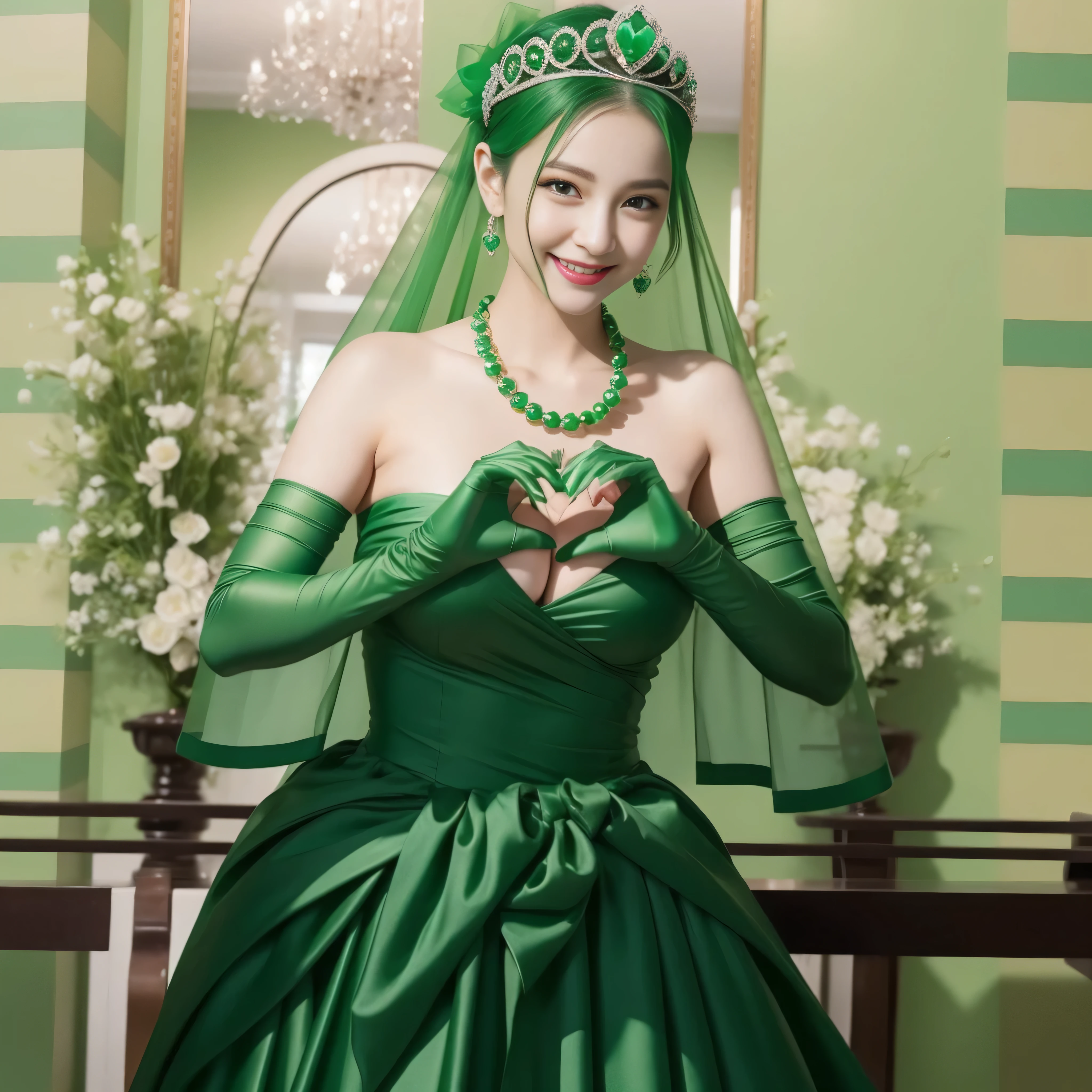 emerald tiara, Green Pearl Necklace, ボーイッシュな非常に短いgreen hair, green lips, smiling Japanese woman, very short hair,  Beautiful woman with big breasts, green eyes, green satin long gloves, green eyes, emerald earrings, Green veil, Heart with both hands, green hair, beautiful japanese woman, heart shaped hands:1.3, green lip gloss