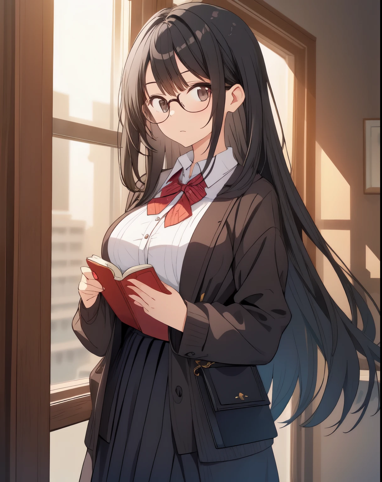 serious black hair girl long glasses Holding the book with both hands calm