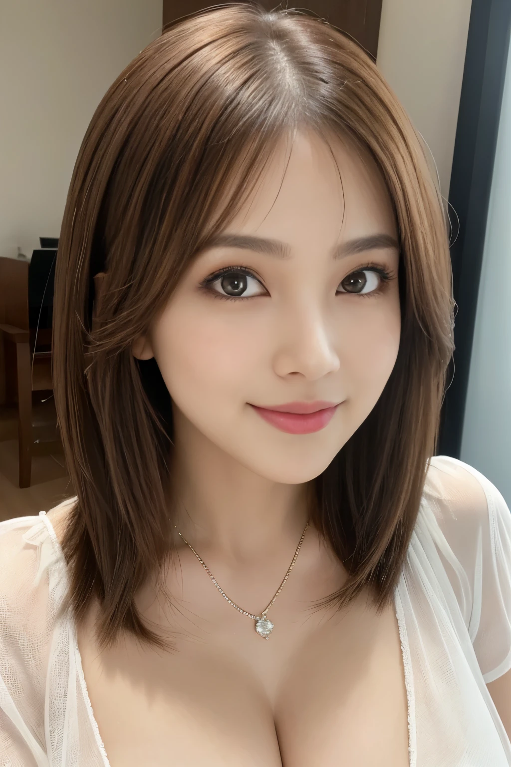 (RAW photo), (Photoreal), (masterpiece), (highest quality), High resolution, 8K resolution, (intricate details), (light with volume), portrait, woman, short hair, straight hair, layered hair, brown hair, highly detailed eyes, highly detailed eyebrows, highly detailed skin, highly detailed mouth, highly detailed nose, cute like an idol, smile, ((thick lips)), ((look into viewer'eyes)), (well-shaped chest), (cleavage), (elegant see-through blouse)
