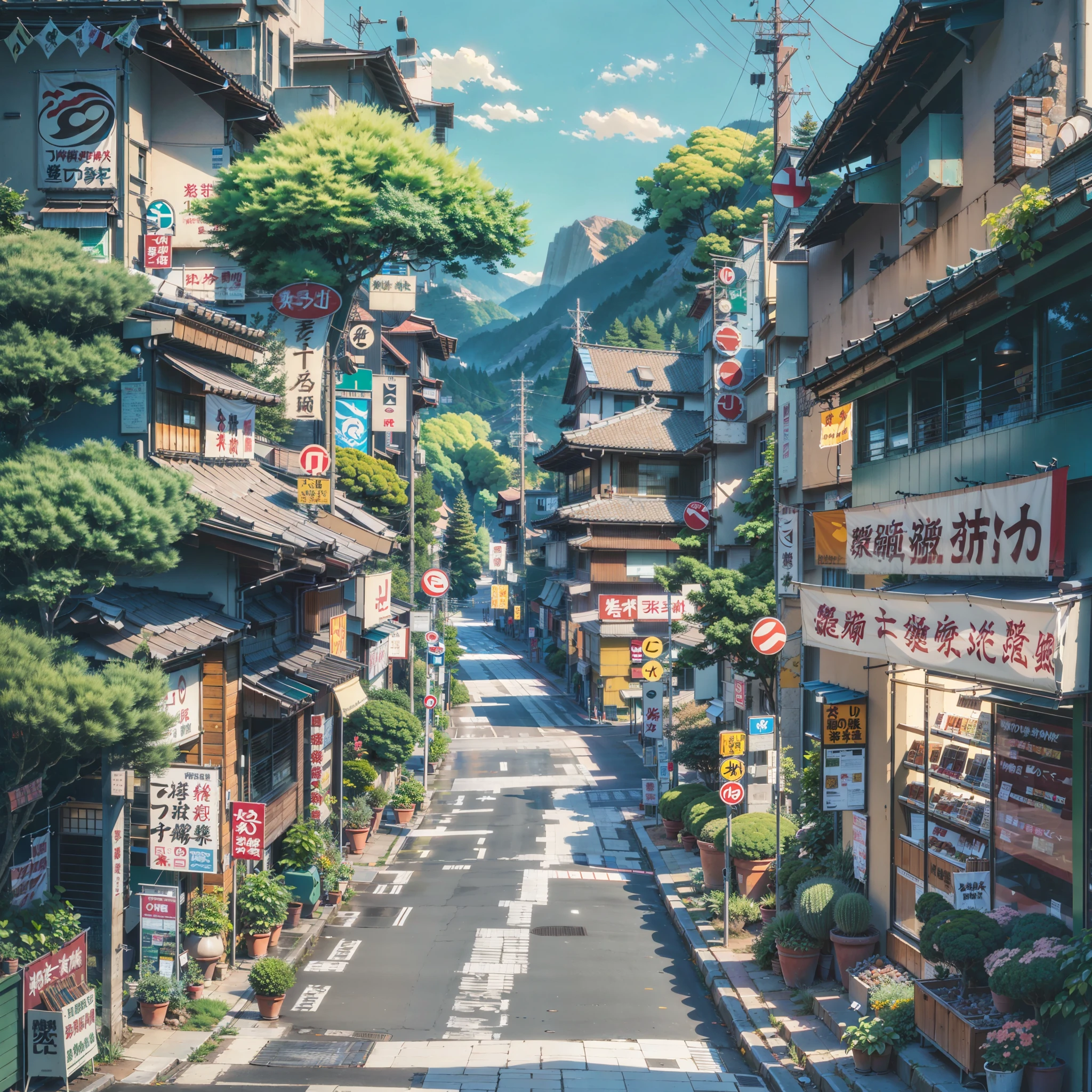 anime background, anime wallpaper, anime, anime style, lofi, lofi style, modern japanese street, mountains, uphill, modern japanese architecture, japanese convenience store, big retro japanese shop signs, retro japanese store, trees, plants, rocks, plant pots, shop signs, japanese banners, japanese signs, flags, empty street, no one in sight, (no one: 1), best quality, wide view, street going uphill, buildings tight together, night time, night