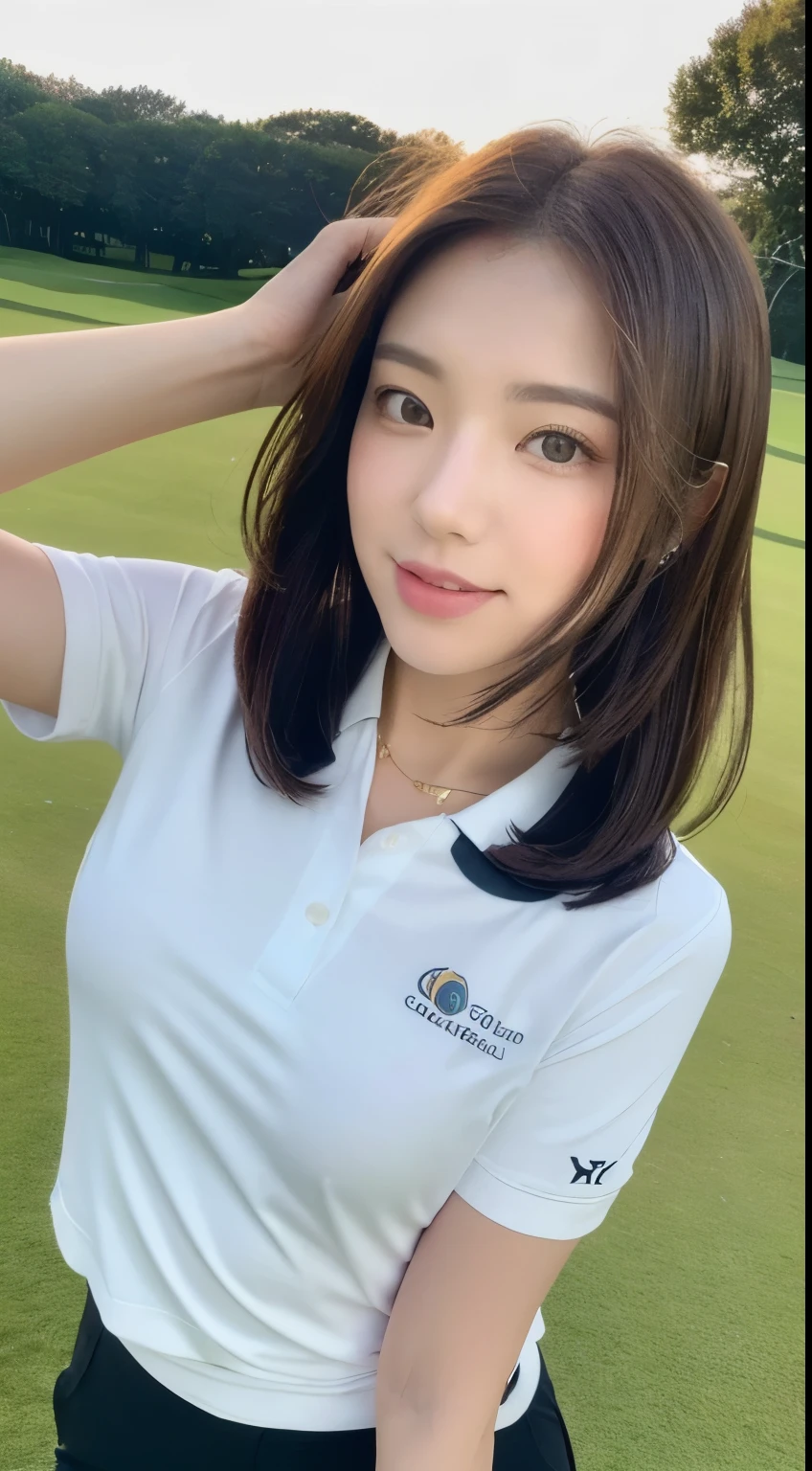 ((sunny golf course, realistic light, highest quality, 8k, masterpiece: 1.3)), 1 girl, slim beauty: 1.4, abs: 1.1, (brown hair, medium breasts: 1.3), black golf wear: 1.1, "chip in" Logo print on clothing part, Golf course, super beautiful face, delicate eyes, double eyelid, smile, necklace, 8th figure, She has a beautiful face