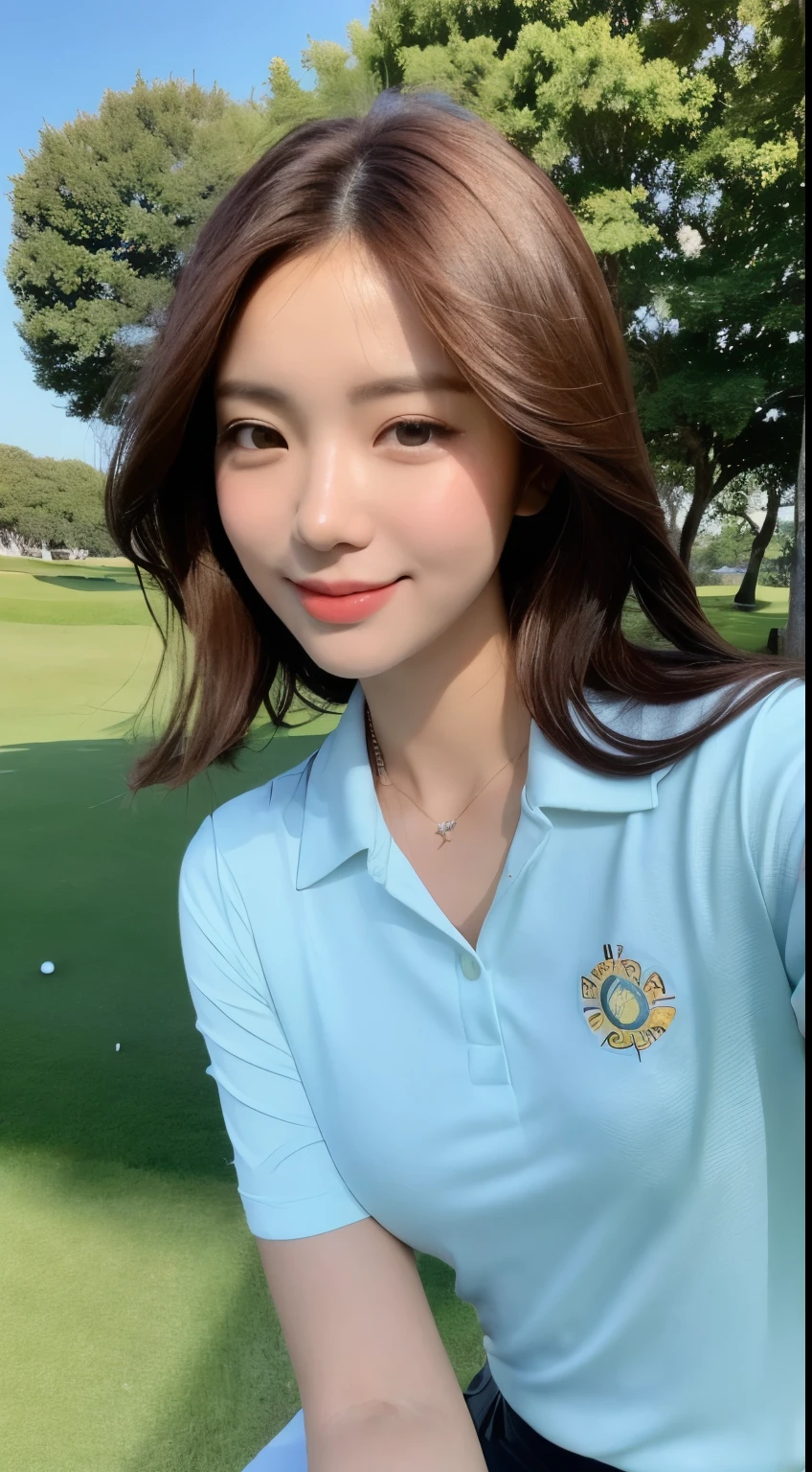 ((sunny golf course, realistic light, highest quality, 8k, masterpiece: 1.3)), 1 girl, slim beauty: 1.4, abs: 1.1, (brown hair, medium breasts: 1.3), black golf wear: 1.1, "chip in" Logo print on clothing part, Golf course, super beautiful face, delicate eyes, double eyelid, smile, necklace, 8th figure, She has a beautiful face