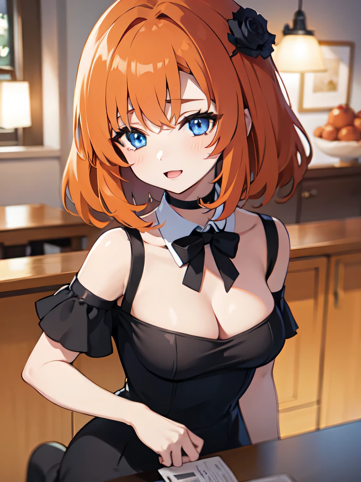 1 girl, orange medium hair, Blue eyes, Necklace