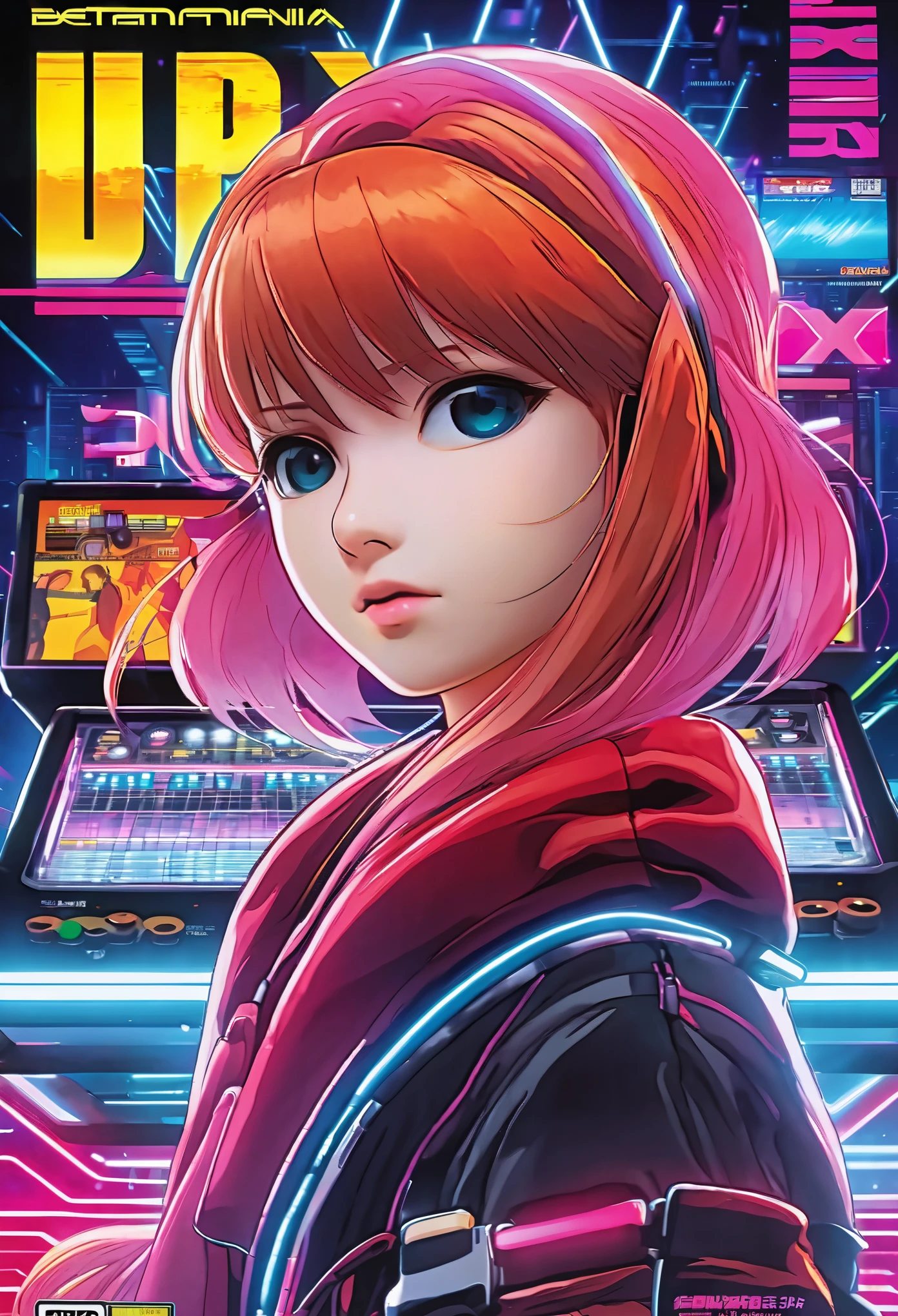 beatmania iidx cover, anime music, one Girl, cyberpunk, anime retro, full neon