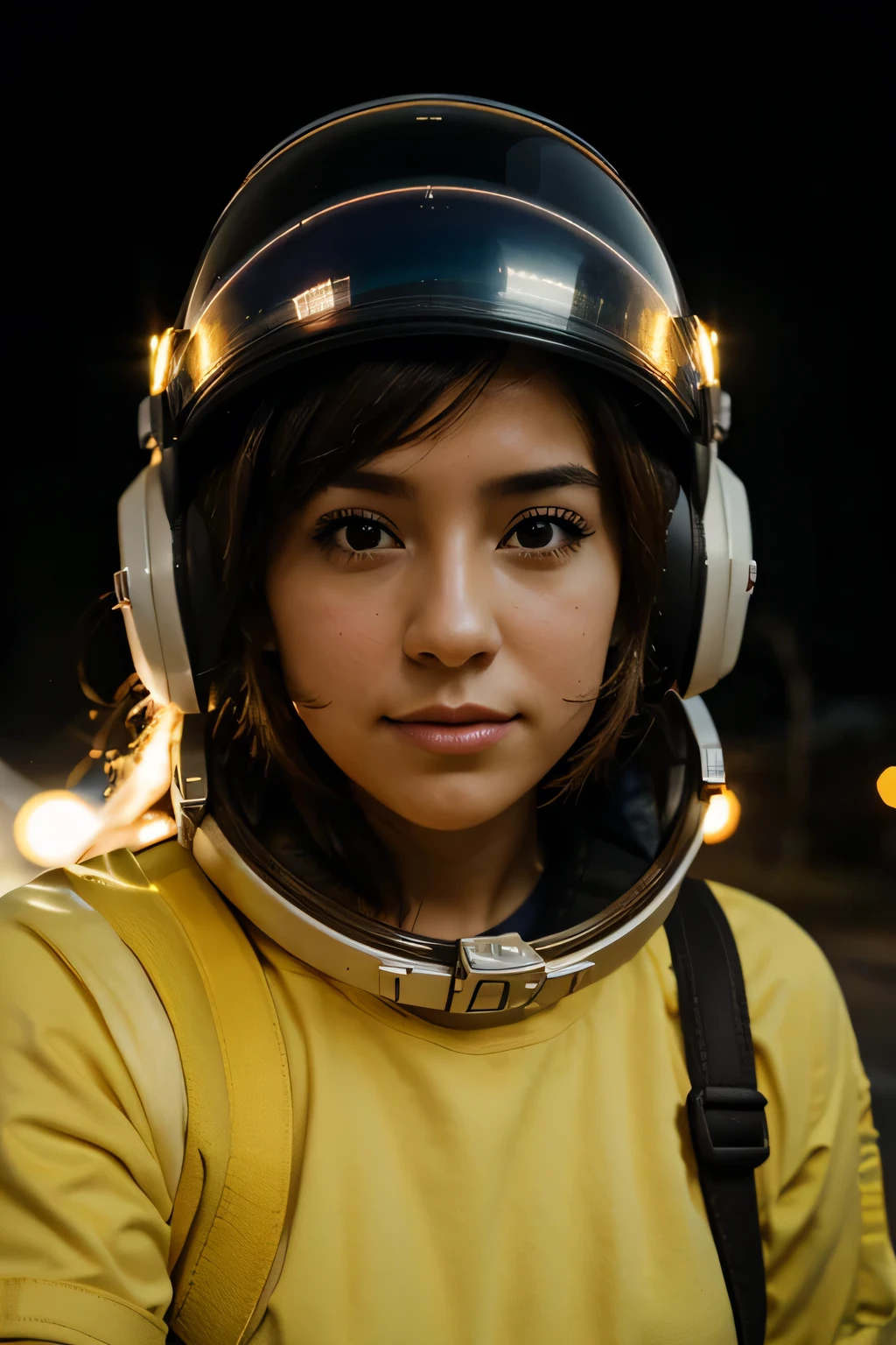 foto frontal de chica guapa con casco de astronauta con fondo iluminado de luces de colores