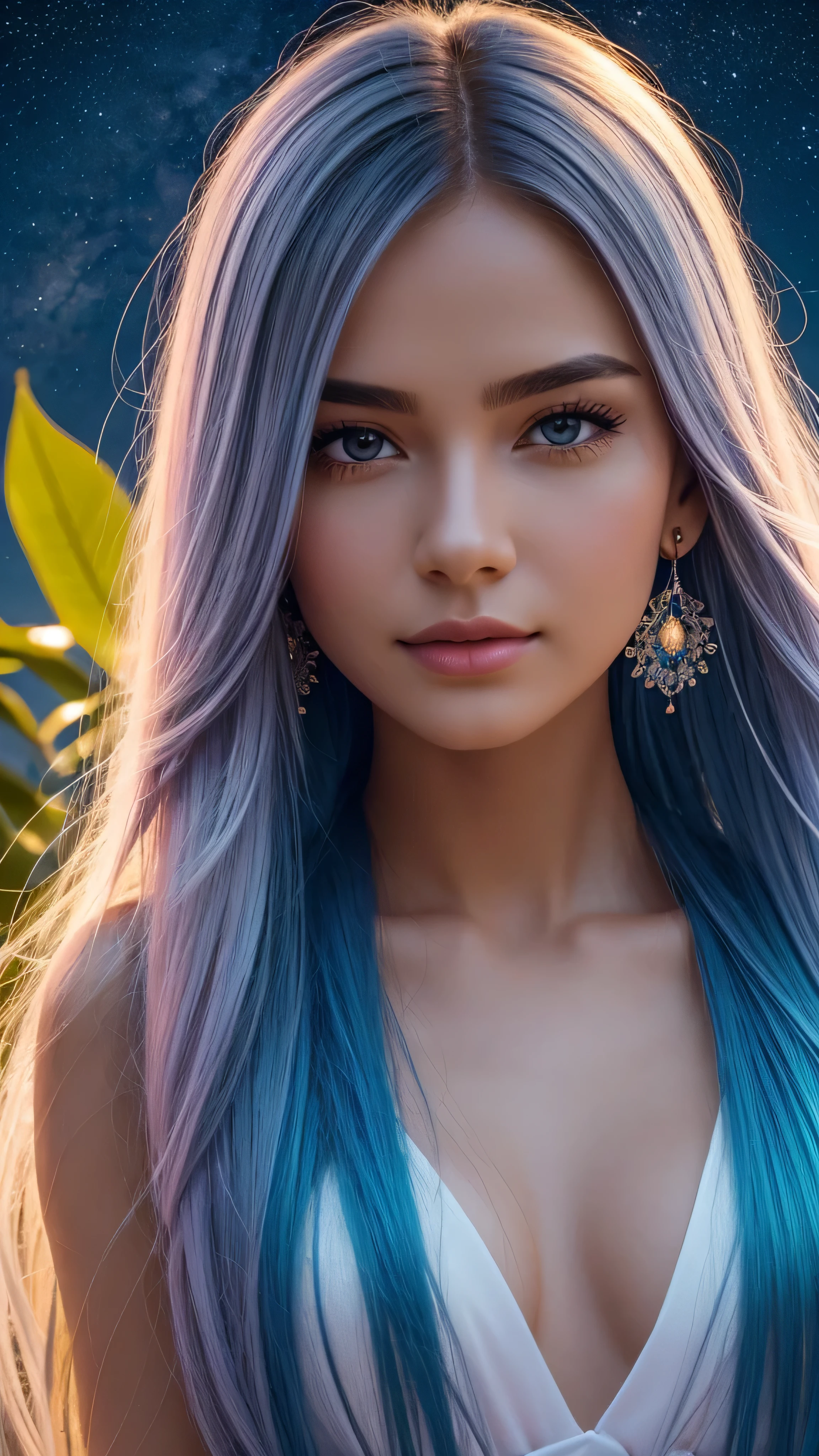 Beautiful realistic girl with BRIGHT WHITE-BLUE long hair ,Close-up of clean skin with detailed skin ,full length,in a short miniskirt,on an orange background ,Against the background of the starry sky,bright makeup,EARRINGS WITH GLITTERS,two-leaf gray flower,translucent speckled bifoliate gray,Bioluminescent - Ultra High Quality 8K Music Equalizer, High contrast, rich colors, soft light, Super detailed photos. ultra high quality 8K, High contrast, noise reduction, яркие rich colors.. high quality, 8K Ultra HD, High contrasthigh quality,мягкие close focus,very beautiful flower, translucent red lily of the valley with dew drop flower, bioluminescent flower glows and shimmers, he grows in a mysterious forest, shrouded in mystery, Сверхhigh quality 8k, High contrast, rich colors, soft light, Ultra-detailed photos. Сверхhigh quality 8k, High contrast, noise reduction, bright rich colors.. high quality, 8K Ultra HD, High contrast