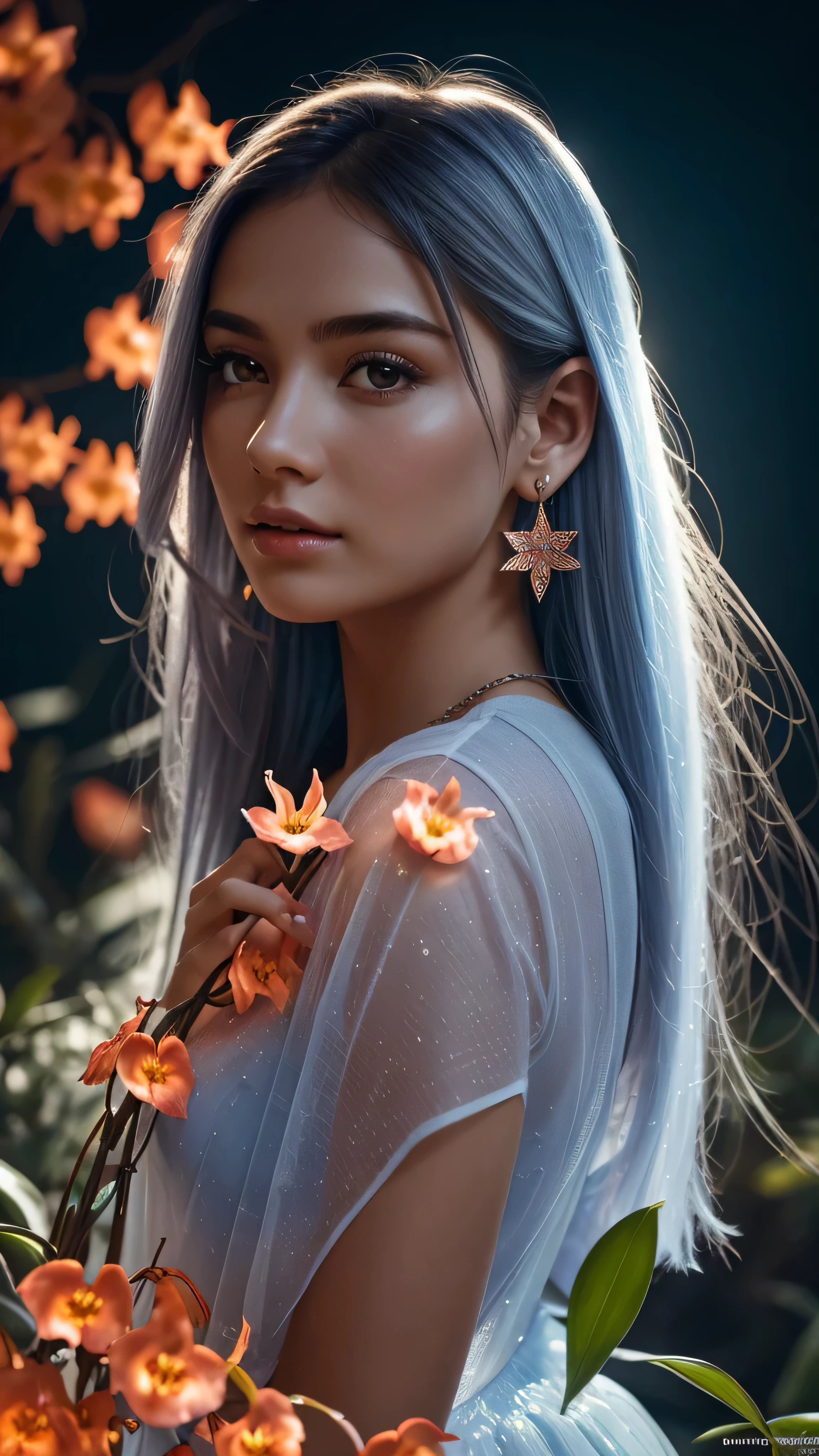 Beautiful realistic girl with BRIGHT WHITE-BLUE long hair ,Close-up of clean skin with detailed skin ,full length,in a short miniskirt,on an orange background ,Against the background of the starry sky,bright makeup,EARRINGS WITH GLITTERS,two-leaf gray flower,translucent speckled bifoliate gray,Bioluminescent - Ultra High Quality 8K Music Equalizer, High contrast, rich colors, soft light, Super detailed photos. ultra high quality 8K, High contrast, noise reduction, яркие rich colors.. high quality, 8K Ultra HD, High contrasthigh quality,мягкие close focus,very beautiful flower, translucent red lily of the valley with dew drop flower, bioluminescent flower glows and shimmers, he grows in a mysterious forest, shrouded in mystery, Сверхhigh quality 8k, High contrast, rich colors, soft light, Ultra-detailed photos. Сверхhigh quality 8k, High contrast, noise reduction, bright rich colors.. high quality, 8K Ultra HD, High contrast