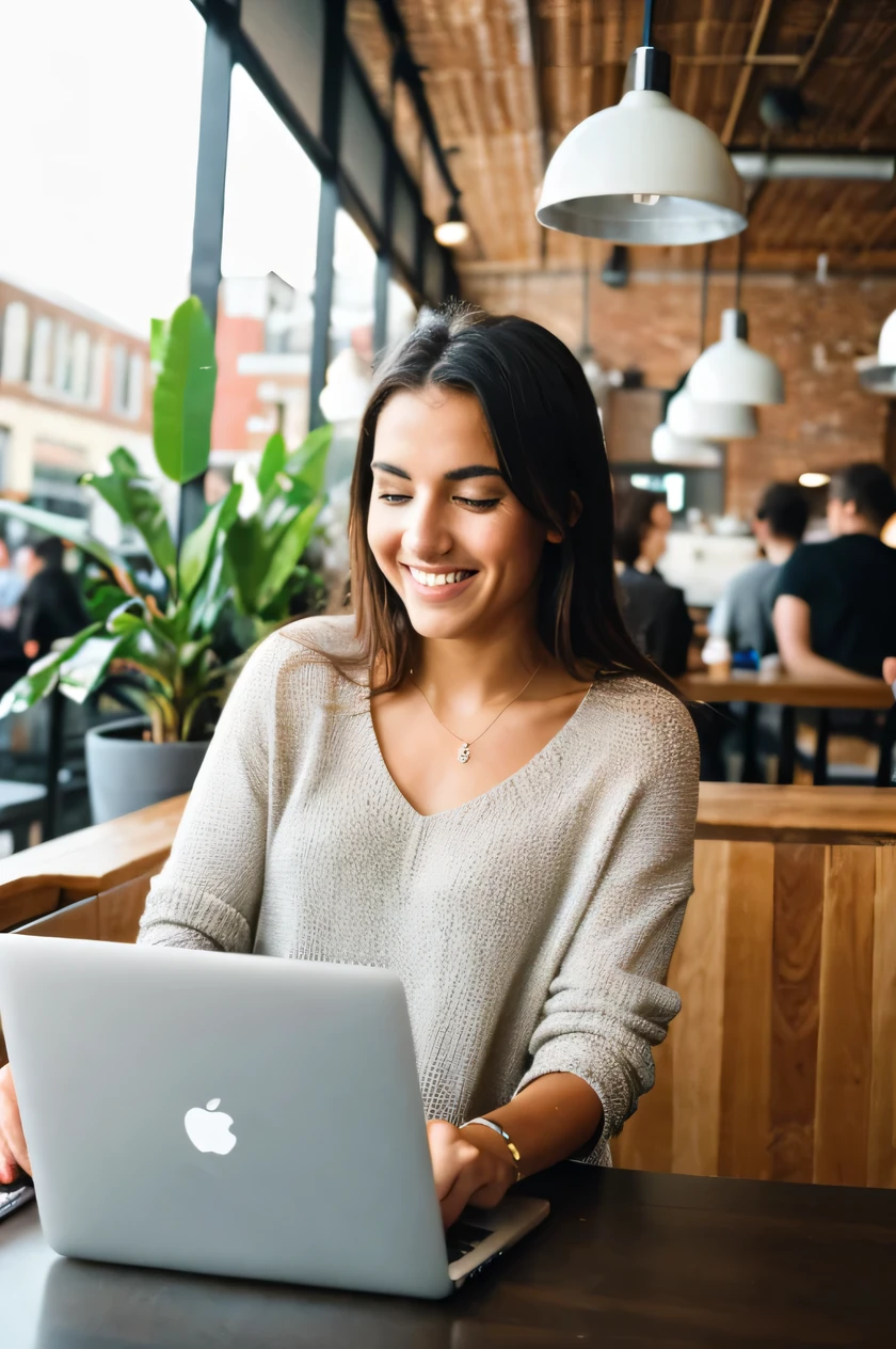 Now In a coffee shop working on her laptop