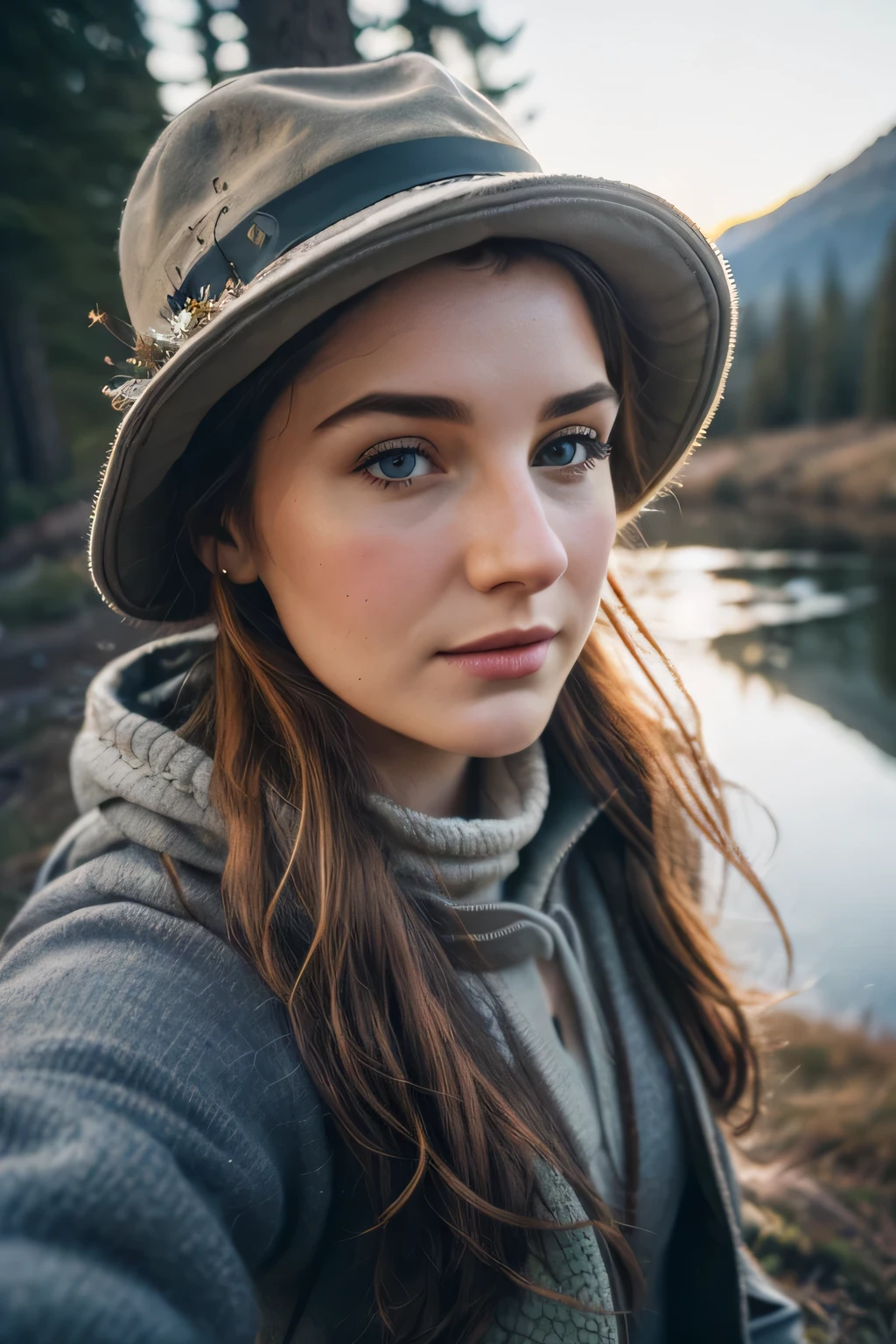 (best quality,highres,ultradetailliert:1.2), hdr, Beautiful girl, Niedlich, Sweet, pretty,, perfect face ((upper body selfie, happy)), masterpiece, best quality, ultra-detailed, ground, outdoor, (night), mountains, nature, (stars, moon) cheerful, happy, backpack, bag sleeping, camping stove, water bottle, mountain boots, gloves, sweater, hat, lantern, forest, stones, river, wood, smoke, shadows, contrast, clear sky, style, (warm hue, warm tone)