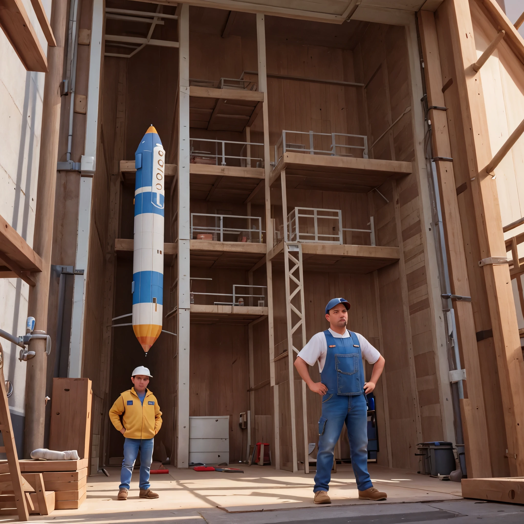 The same man goes to a workshop where they are building a very large rocket.