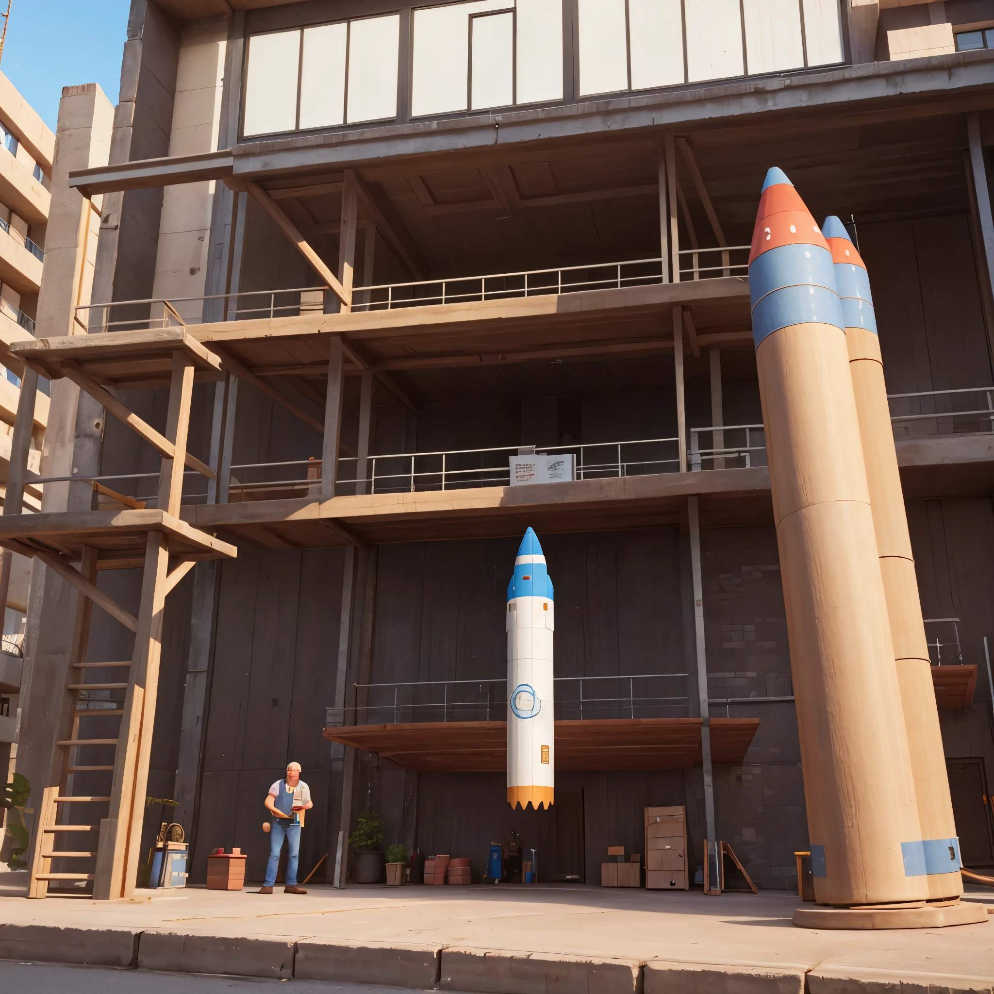 The same man goes to a workshop where they are building a very large rocket.