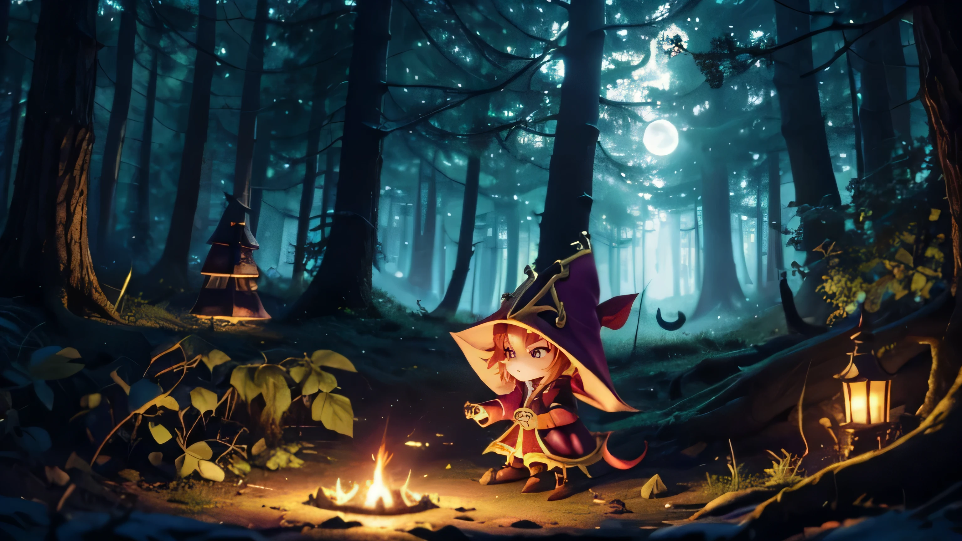 Magician Yordle Lulu (league of legend) and Evil Lord Yodle Veigar in a forest, lit by the moon to enhance its authenticity. The composition artistically captures the powerful energy and serene ambience of the forest, making it a true masterpiece (realistic and bright colors, ultra-detailed, 16K)