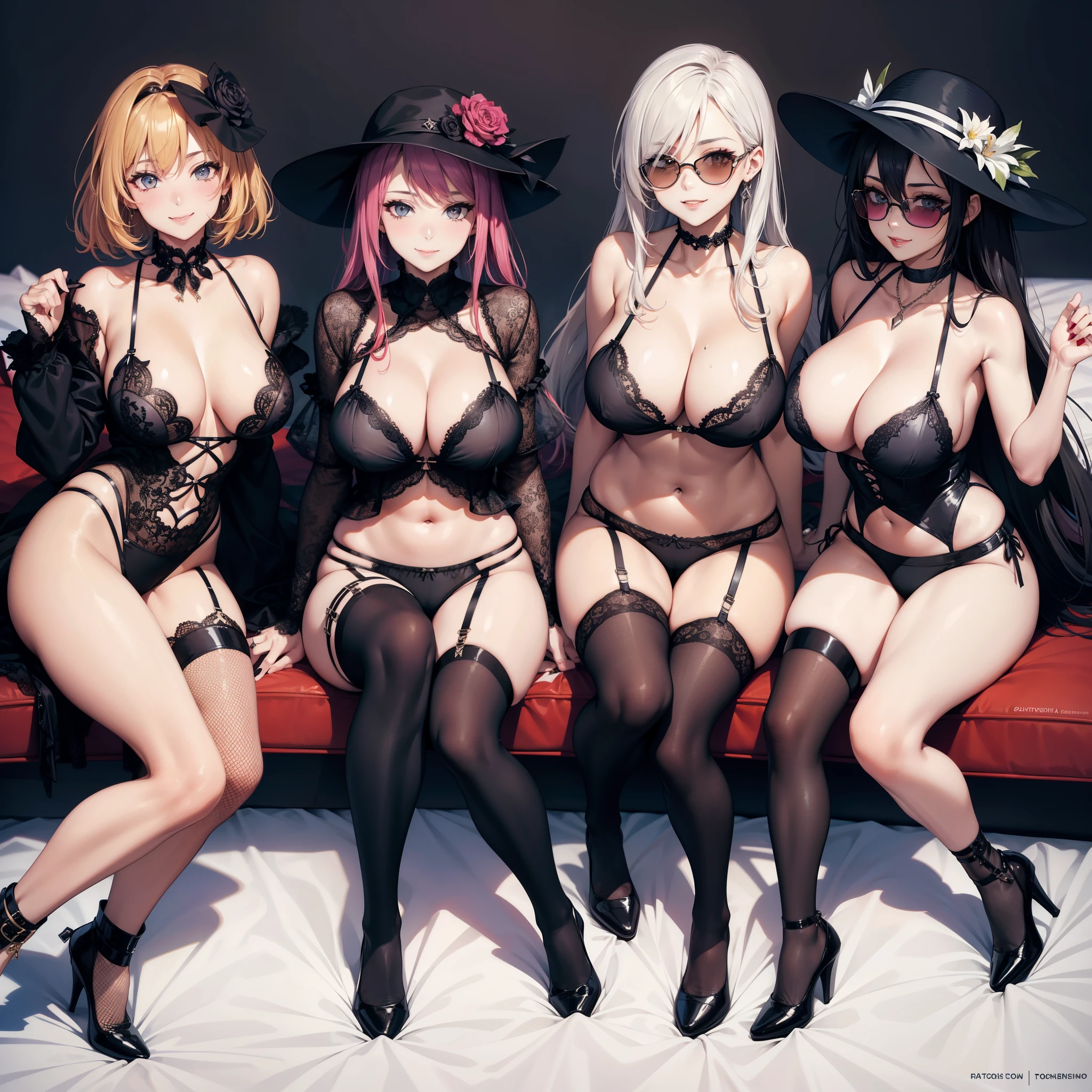 four sexy women looking at camera, flirtatious smiles, on bed, sunglasses, sunhats and goth lingerie outfits, portrait
