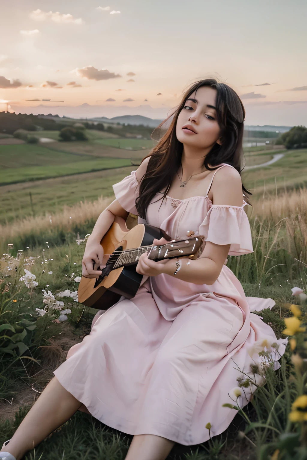 Woman in pastel pink romantic dress, cabelo preto liso uma guitarra em um campo