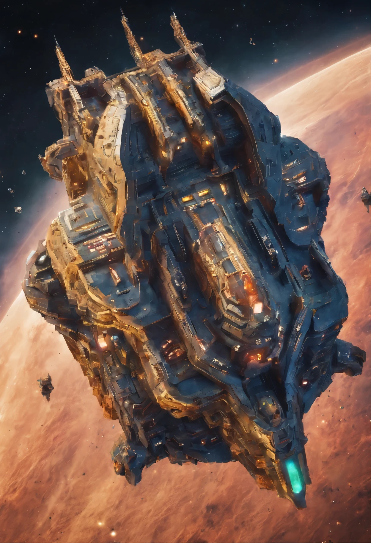 Triangular spaceship in space. photorealism. unreal engine. 3D model. Ultra high quality textures