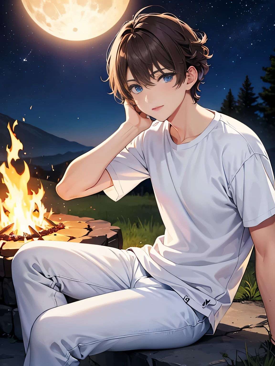 1boy,guy,Sitting by the campfire, at night, on the mountain,blue eyes,close up photo,18 years old,Curly hair,medium hair,undercut hairstyle,light brown hair,Plain t-shirt, white t-shirt,white trousers,at Night, beautiful moon,ultra detail,masterpiece