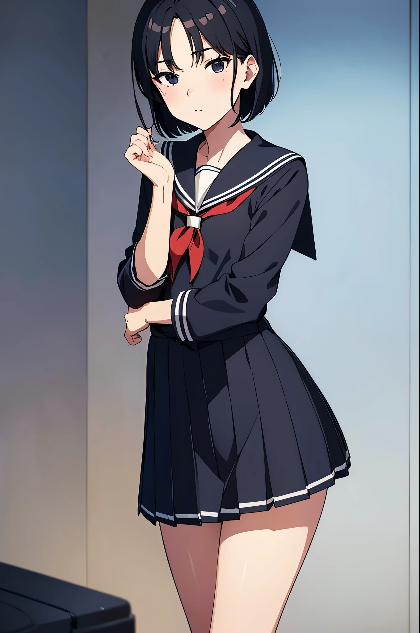 (boyish woman,japanese woman,one person,anime style,Full color CG image:1.5),
anime styleのボーイッシュなjapanese womanのFull color CG imageを生成してください。Her unique style and anime-like characteristics stand out.、Generate attractive images。
BREAK, 
(very small breasts:1.6),
(black hair,short hair,short bob,small hips,black eyes,slanted eyes,thin waist:1.5),
black hairでshort hairのshort bobスタイルの女性。small hipsとvery small breastsが特徴で、black eyesとthin waistが彼女の独自の魅力を引き立てています。Generate an image that represents a woman with this unique style。
BREAK,
(school uniform,sailor suit:1.5),
sailor suitを着た学生の女性を表現した画像を生成してください。sailor suitの特徴や彼女の学生らしい雰囲気が映え、Please provide an image that highlights the charm of the character.。
BREAK,
The camera angle captures her from head to toe.,
Highlight her beautiful fashion and attractive figure。
(looking at the viewer,cowboy shot:1.5),
BREAK,
(perfect face,完璧なhand,完璧なfoot,perfect fingers,detailed facial features,Detailed garment features:1.5), 
perfect face,hand,foot,Please describe the scene where you hold your fingers.。
Each part is beautifully arranged down to the smallest detail.,Make sure you feel perfect symmetry and harmony。 
at the same time,detailed facial featuresと衣服の特徴も加え、Highlight your individuality and uniqueness。
Crisp and razor-sharp details(super clear details:1.5)and amazing color depth(color depth:1.25)is required。
Must imitate the unparalleled sharpness and color vibrancy of photos taken with ultra-high-end cameras such as MS and Fujifilm XT3,
