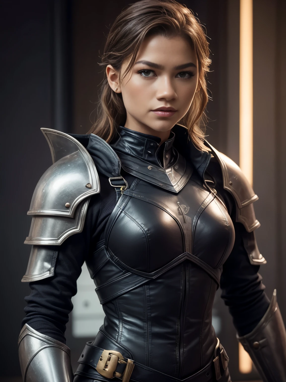 a close up of a woman (Zendaya) in a black leather outfit, artgerm ; 3d unreal engine, wlop and artgerm, unreal 5. rpg portrait, in leather armor, small character. unreal engine 5, artgerm julie bell beeple, unreal engine character art, wojtek fus, aly fell and artgerm, beautiful female knight