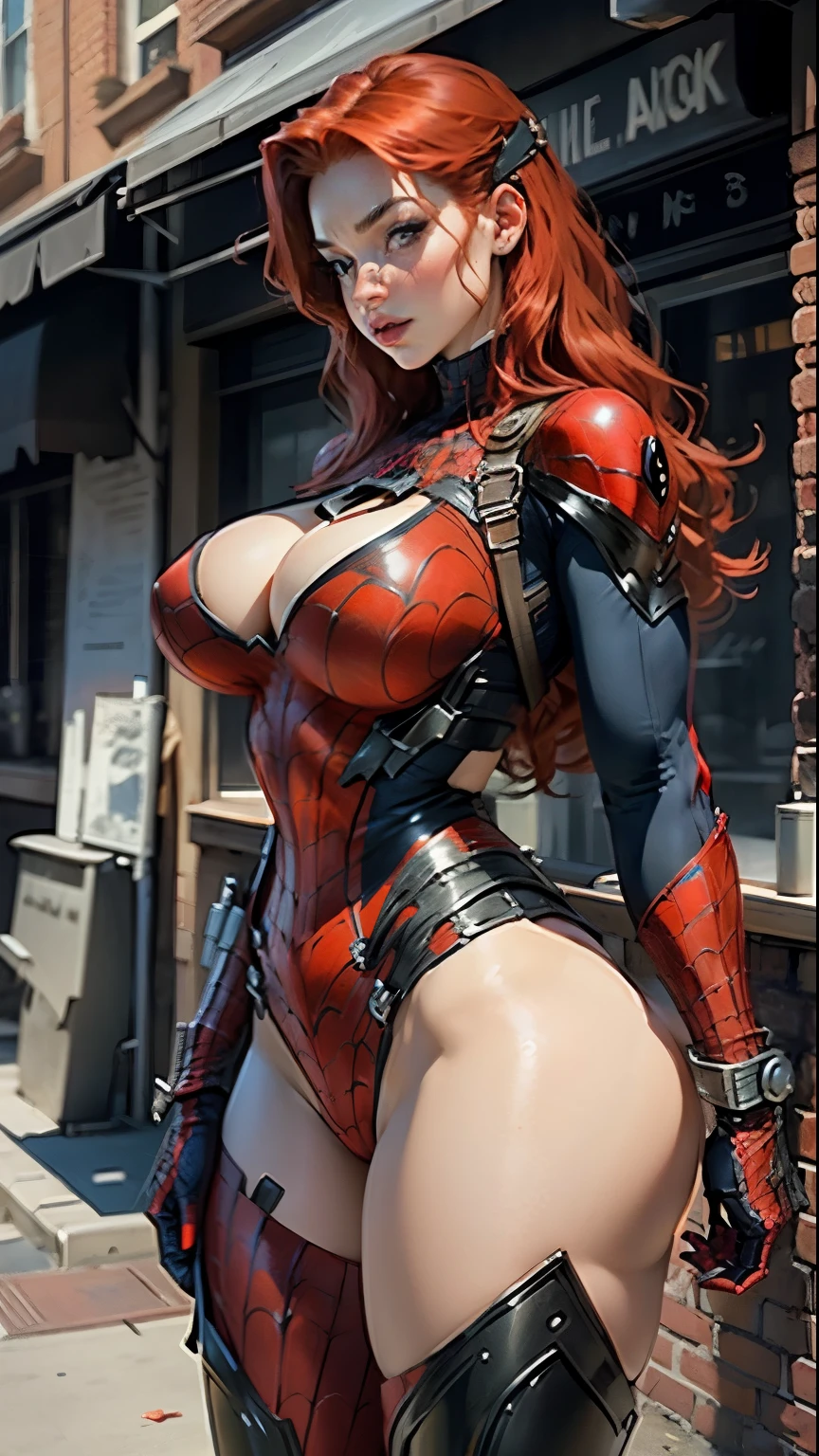 big breasts, huge breasts, Beautiful red haired woman detailed defined body using spider man cosplay, huge breasts, curvy, busty, thick, overflowing breasts,