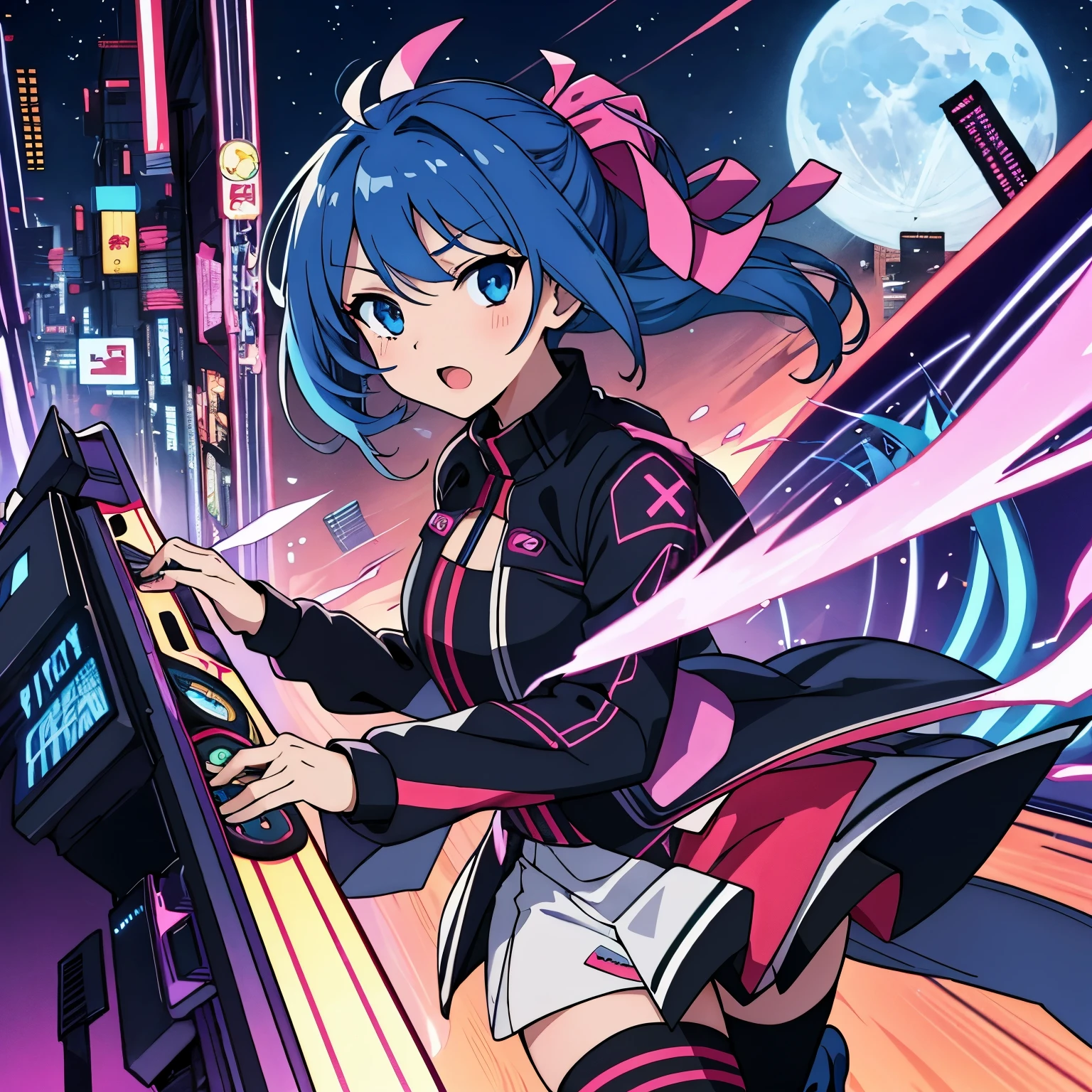 beatmania iidx cover, anime music, one Girl, cyberpunk, anime retro, moon colors