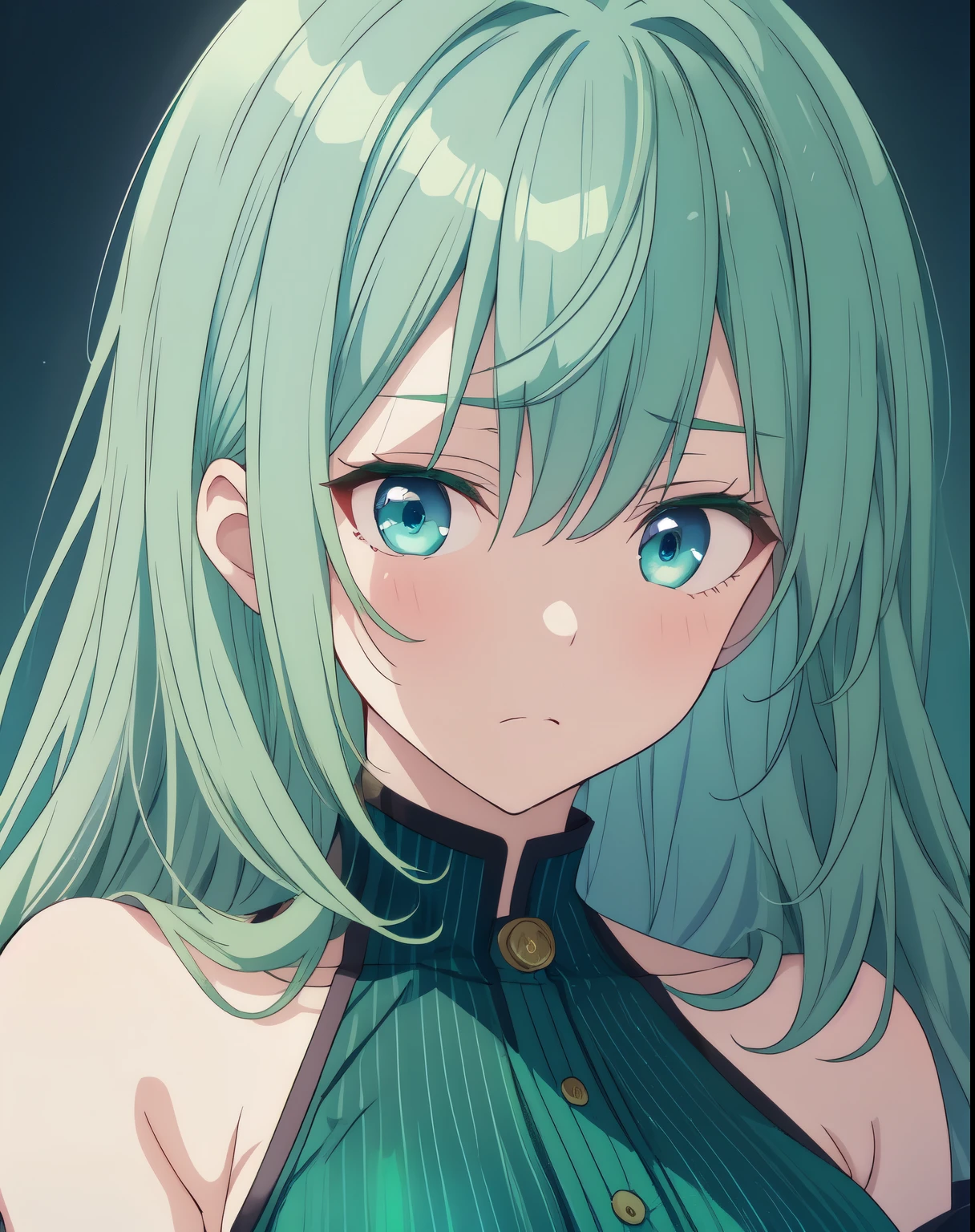 gentle green hair color Sad face worry long blue eyes dark atmosphere