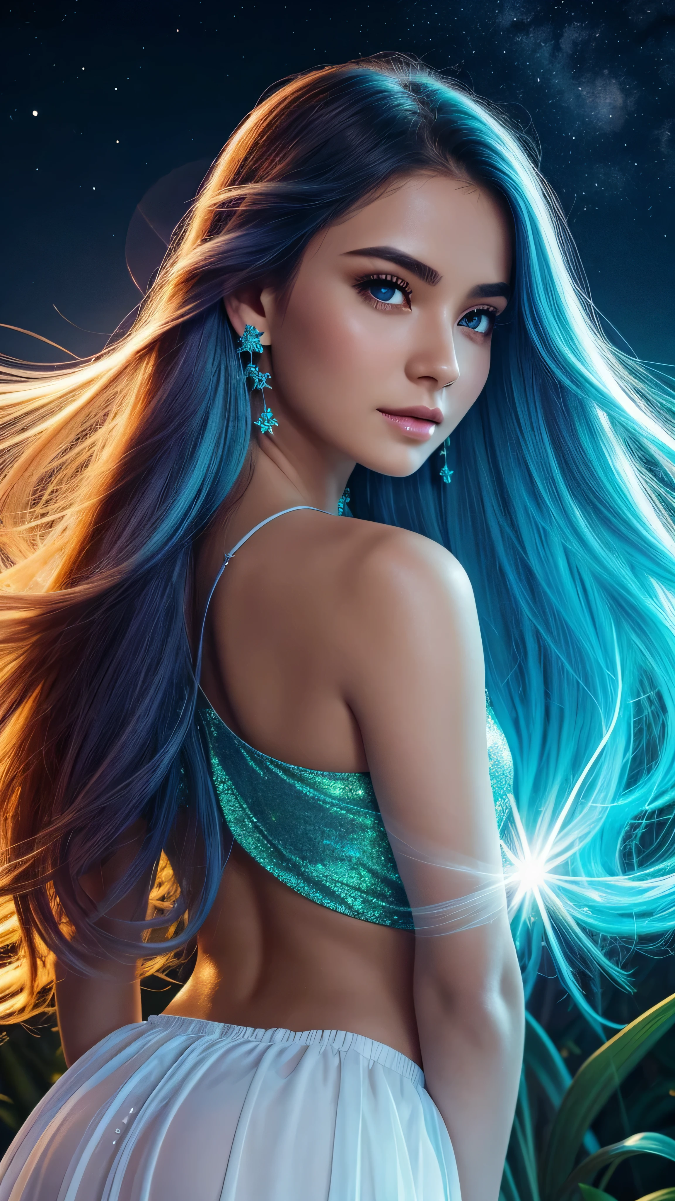 Beautiful realistic girl with BRIGHT WHITE-BLUE long hair ,Close-up of clean skin with detailed skin ,full length,in a short miniskirt,on an orange background ,Against the background of the starry sky,bright makeup,EARRINGS WITH GLITTERS,two-leaf gray flower,translucent speckled bifoliate gray,Bioluminescent - Ultra High Quality 8K Music Equalizer, High contrast, rich colors, soft light, Super detailed photos. ultra high quality 8K, High contrast, noise reduction, яркие rich colors.. high quality, 8K Ultra HD, High contrasthigh quality,мягкие close focus,very beautiful flower, translucent red lily of the valley with dew drop flower, bioluminescent flower glows and shimmers, he grows in a mysterious forest, shrouded in mystery, Сверхhigh quality 8k, High contrast, rich colors, soft light, Ultra-detailed photos. Сверхhigh quality 8k, High contrast, noise reduction, bright rich colors.. high quality, 8K Ultra HD, High contrast