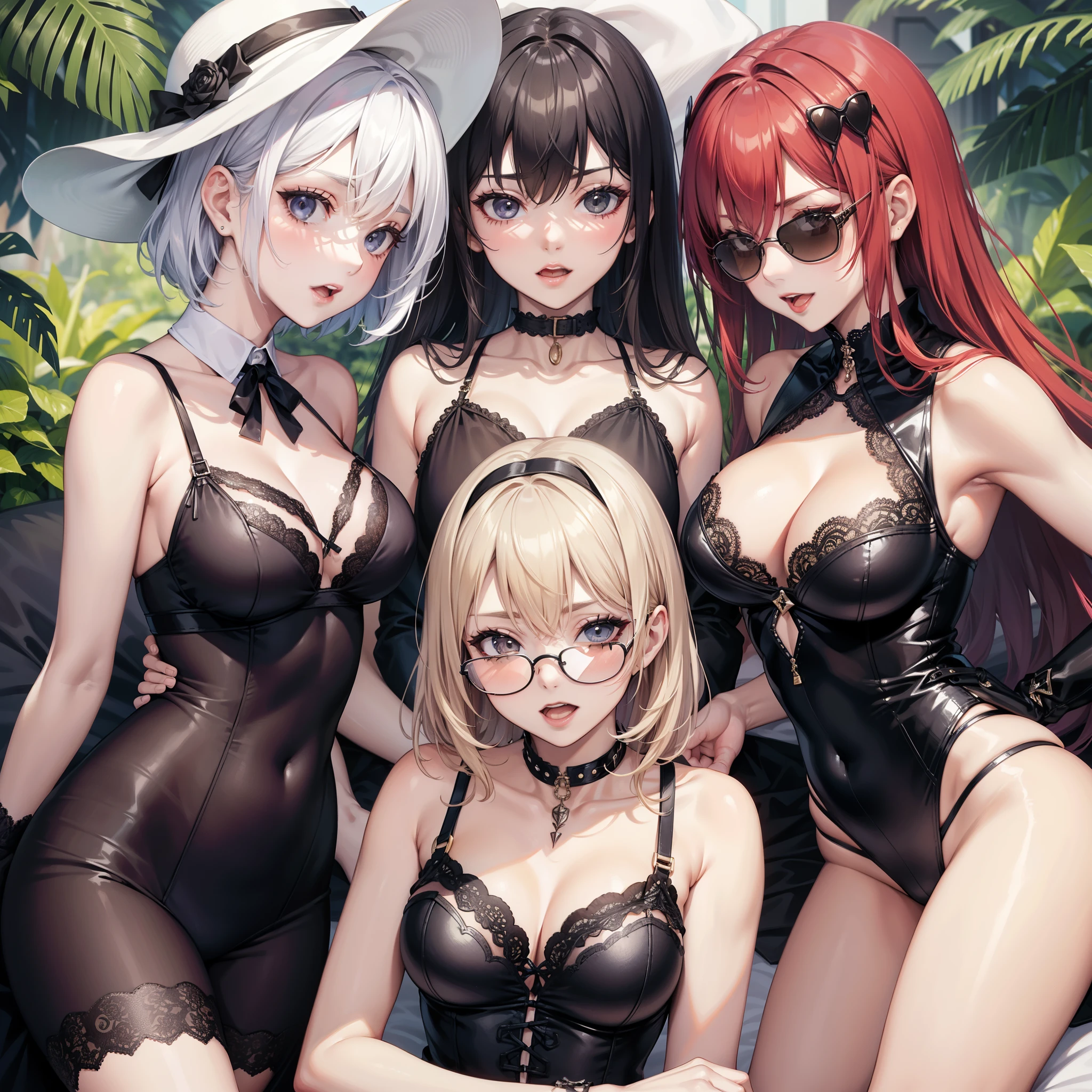 four sexy women looking at camera, flirtatious, opened mouths yawning, on bed, sunglasses, sunhats and goth lingerie outfits, portrait