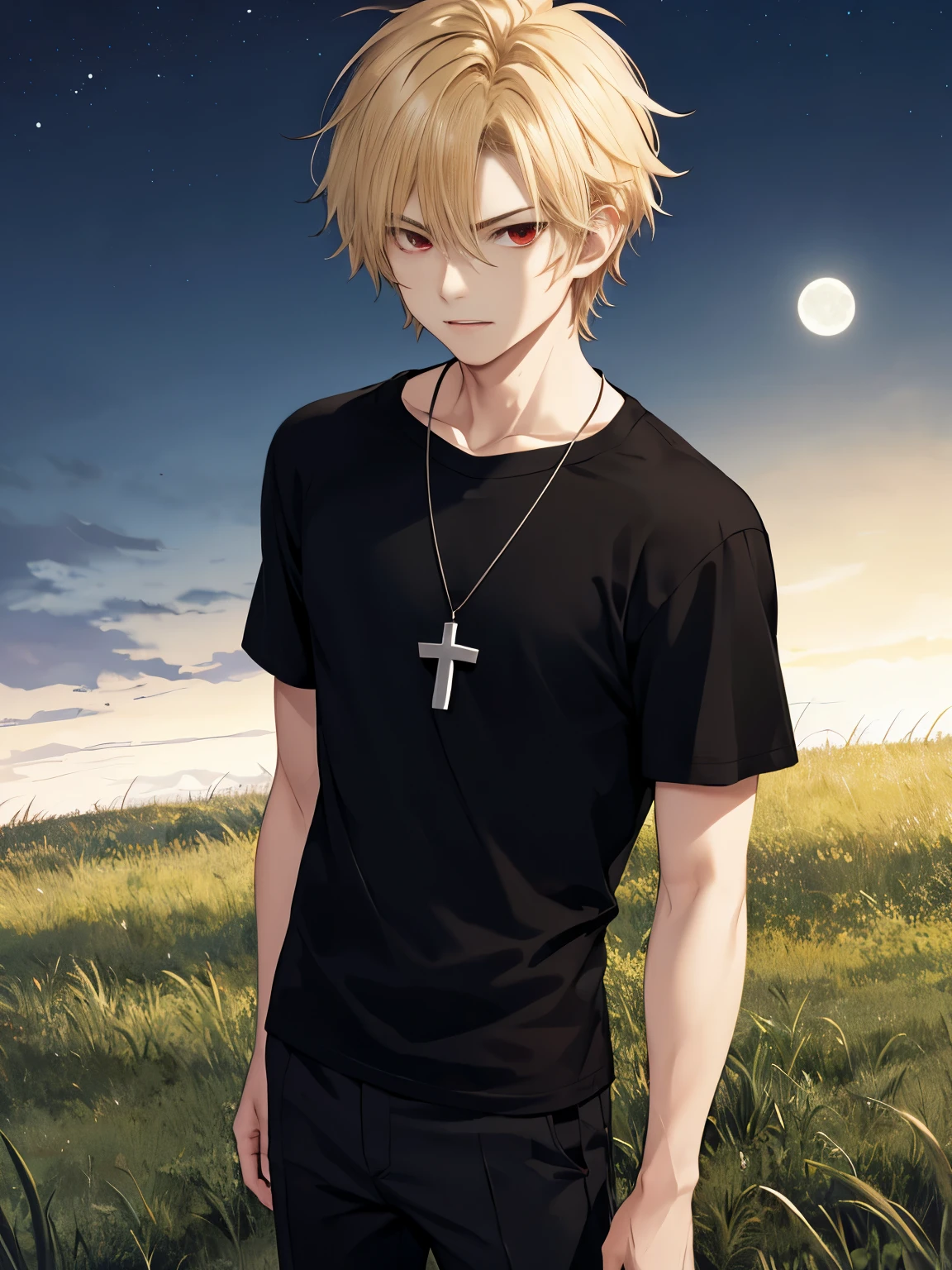 1 man,solo,20 years old,stand On the grass hill, Slight smile,at night, the moon is beautiful,half body photo,angry expression,HD face,cross necklace,handsome,messy hair,Perfect face, detailed face, short hair, blonde hair,black t-shirt, Plain t-shirt,black t-shirt,short sleeve t-shirt,black trousers, Long pants,red eyes,bright red eyes, vampire