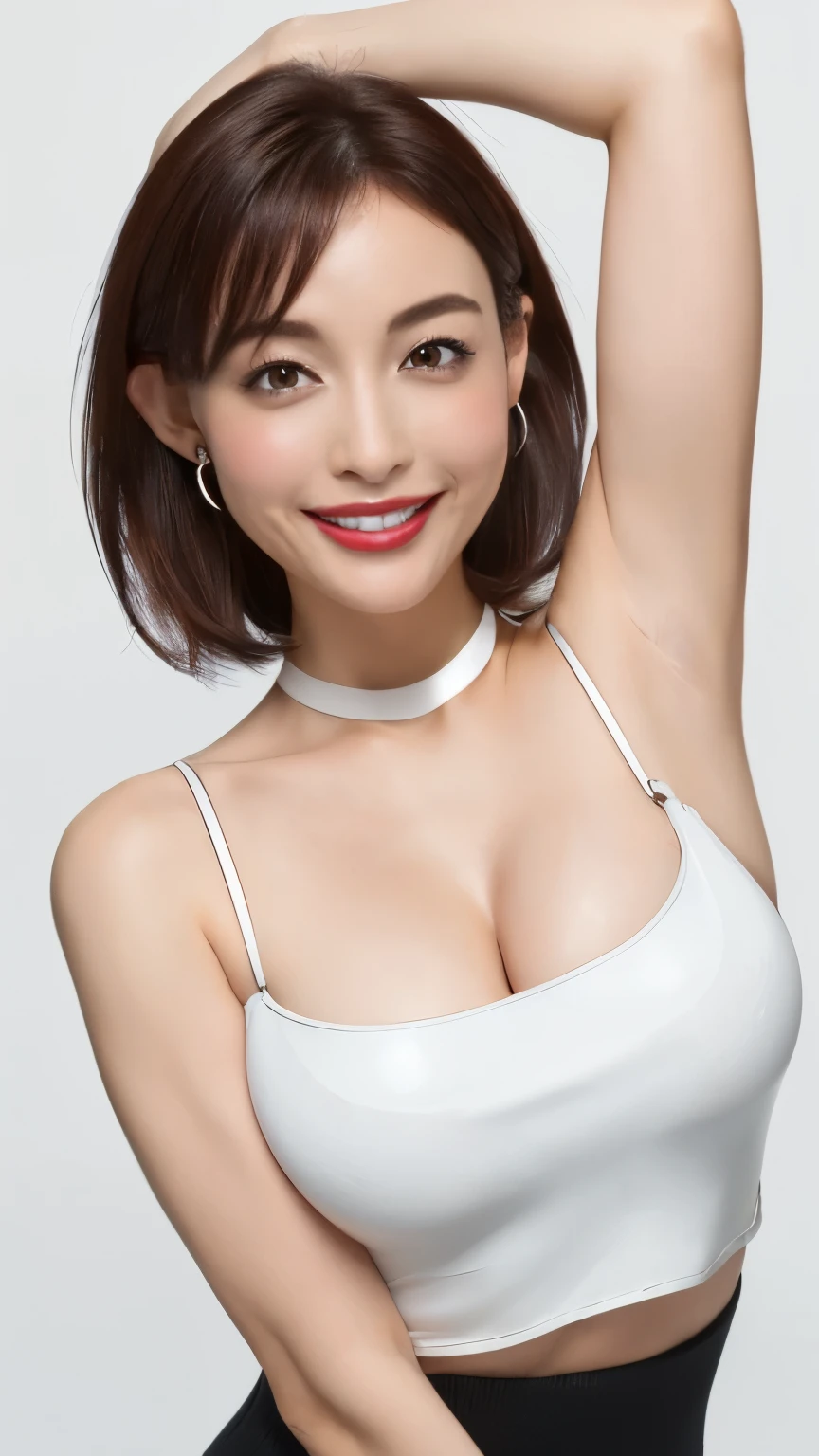 In 8K、超A high resolution、highest quality、table top 、(pretty big breasts、cleavage、White Enamel Tube Top、Micro Mini Hot Pants:1.4)、in the street、black short hair、Smile、big black eyes、lip gloss、necklace、Black Low Boots、(show your armpits、and draw the whole body:1.38)