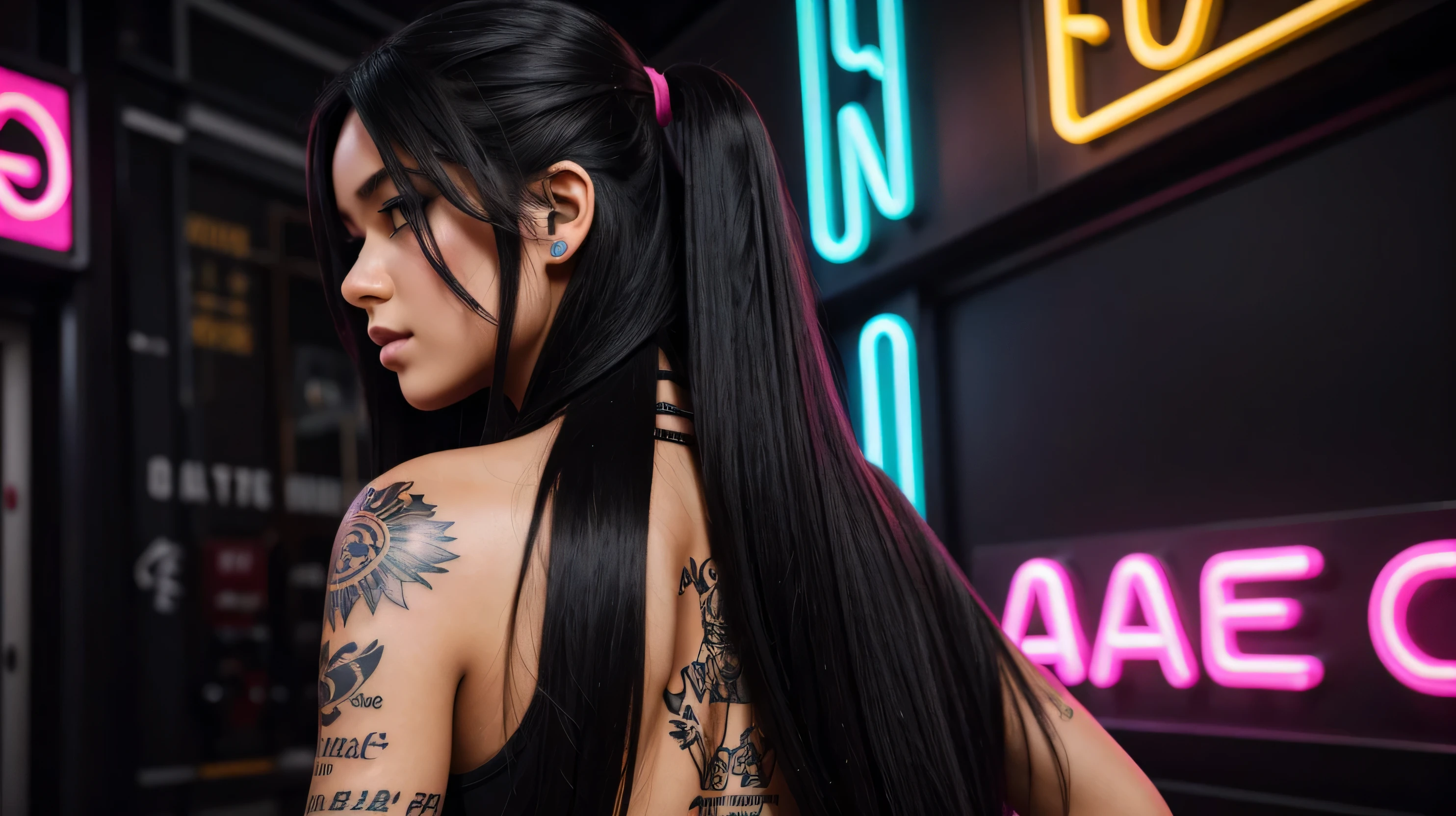A beautiful girl has a close-up face with a fashionable hairstyle and long black hair..,with a MUSICAL SIGN tattoo,music equalizer,behind the girl's back is a neon spector of music equalizer, high quality, excessive detail, saturation, contrast,