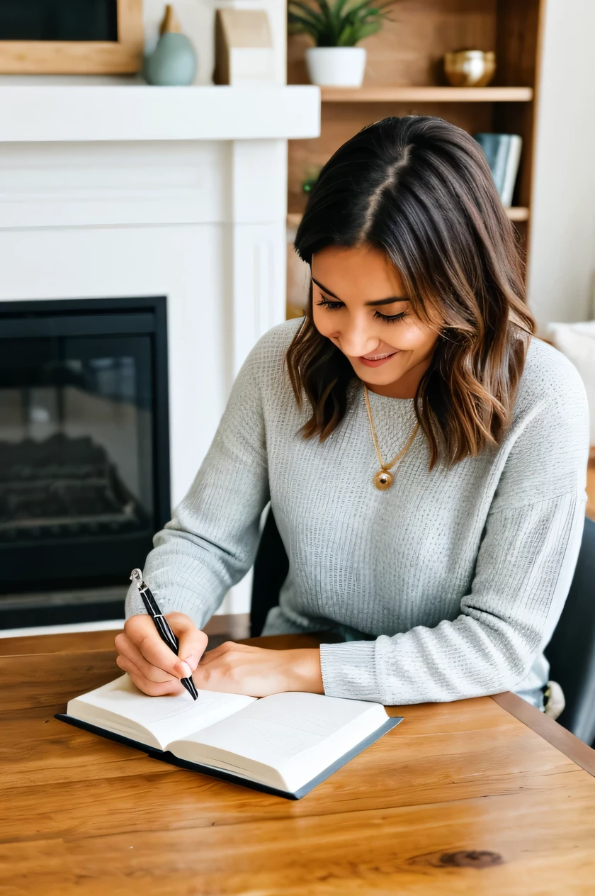 She is in her house sipping coffee writing journal for a linkedin post