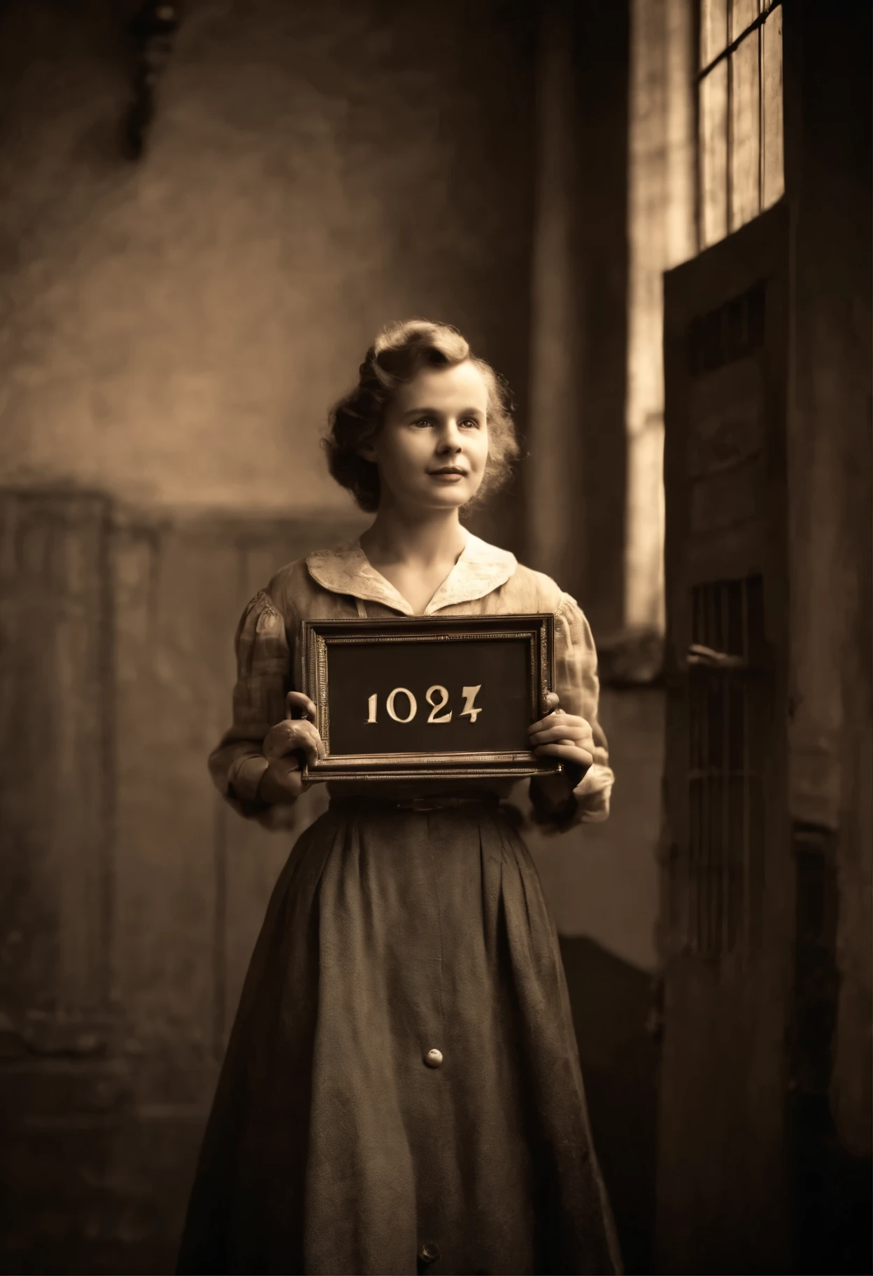 Convict from England in the 1950s, holding a sign with her prisoner number, historic prison, vintage film effect, nostalgic sepia tones, soft lighting, faded memories, old family photos, treasured moments, delicate details, aged texture, Dream atmosphere, intimate portraits, Spontaneous snapshots, Precious memories, Evocative narrative, authentic emotions, Sentimental journey, legacy, timelessness, precious past, Family bond, connectivity, history, love. (Best quality, ultra detailed, HDR, vivid colors, portrait)