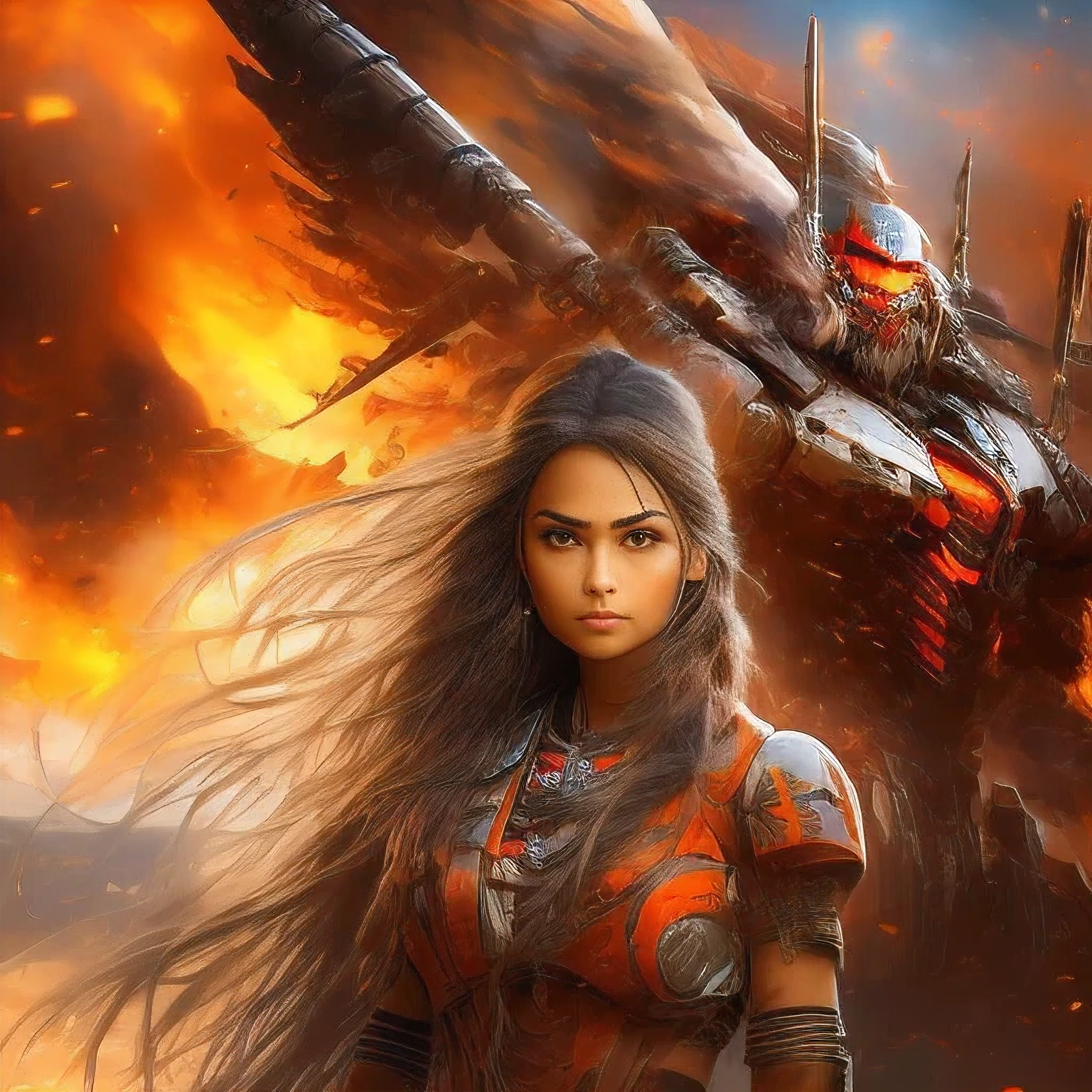 realistic photo of girl and her mech,  girl (native american) has long hair, dark skin, feathers, hair ornament, jewelry, necklace, tribal, headdress, armlet, facepaint, bracelet. mech is red and black colors, has guns, glowing blue eyes, is armored, realistic photo, full shot, low angle, raw photo, 8k,  imersive background