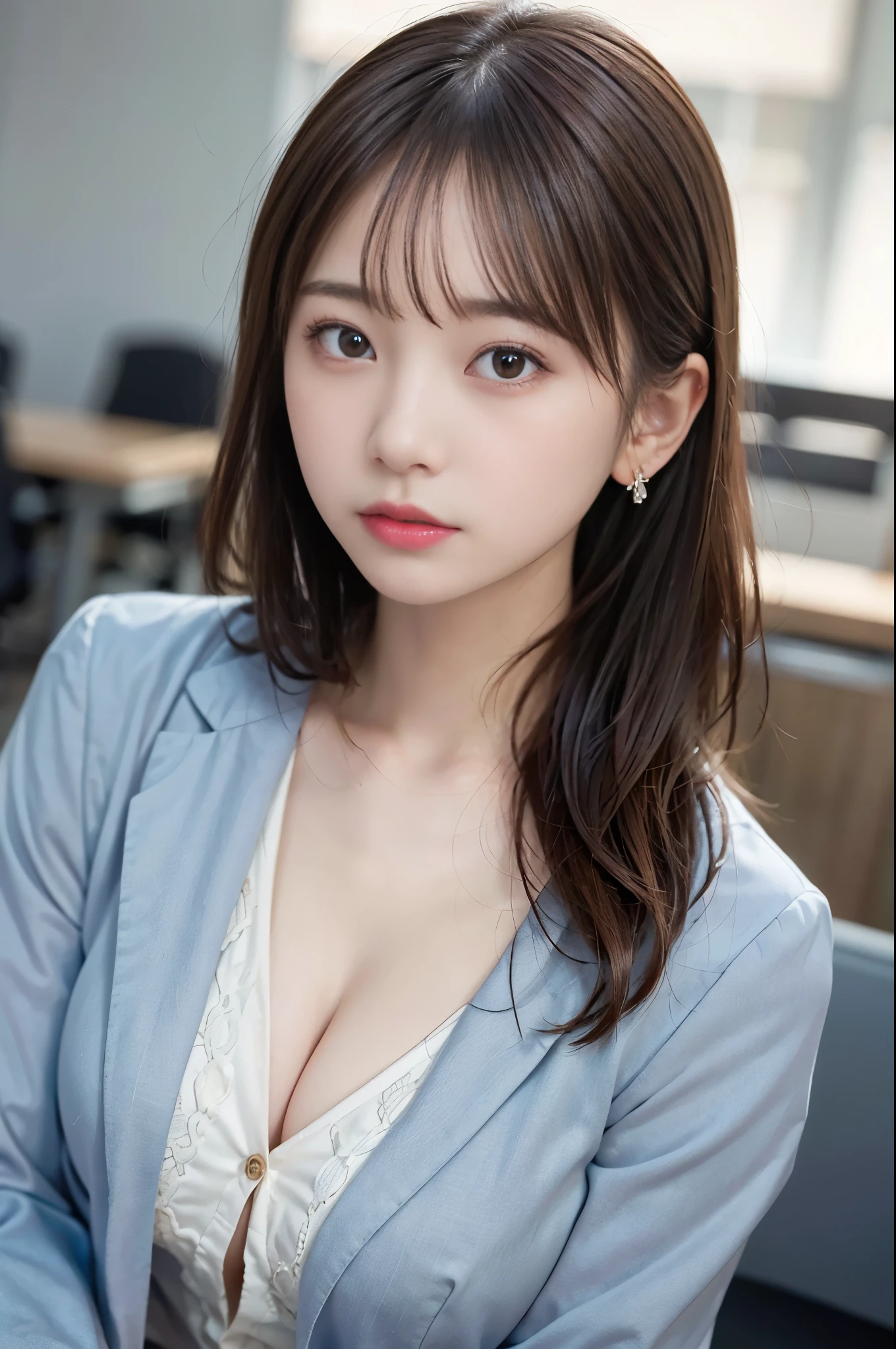 ((masterpiece,best quality 1.4)), (8k,RAW photo:1.2), (realistic,photo realistic:1.4), ultra high resolution , (Highly detailed 8k wallpaper) ,japanese idol, Japanese actress, Japanese, very cute, Big eyes, highly detailed eyes and face, Beautiful eyes in every detail,shiny skin,portrait,(medium hair and straight hair :1.3),earring ,professional lighting, sharp focus, Depth of written boundary , (dynamic angle:1.4 ). blur background, Bokeh, (office lady, suit :1.2 ) 