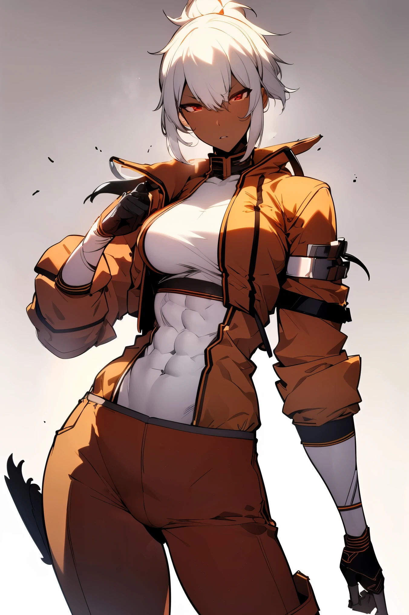 Midly Muscular darkskin woman fantasy clothes, white short hair in a ponytail, red eyes, yellow jacket, black cargo pant, abs, perfect Anatomy, intricate pencil sketch, expressive eyes and nose and mouth, un-zoom, highly detailed, white background