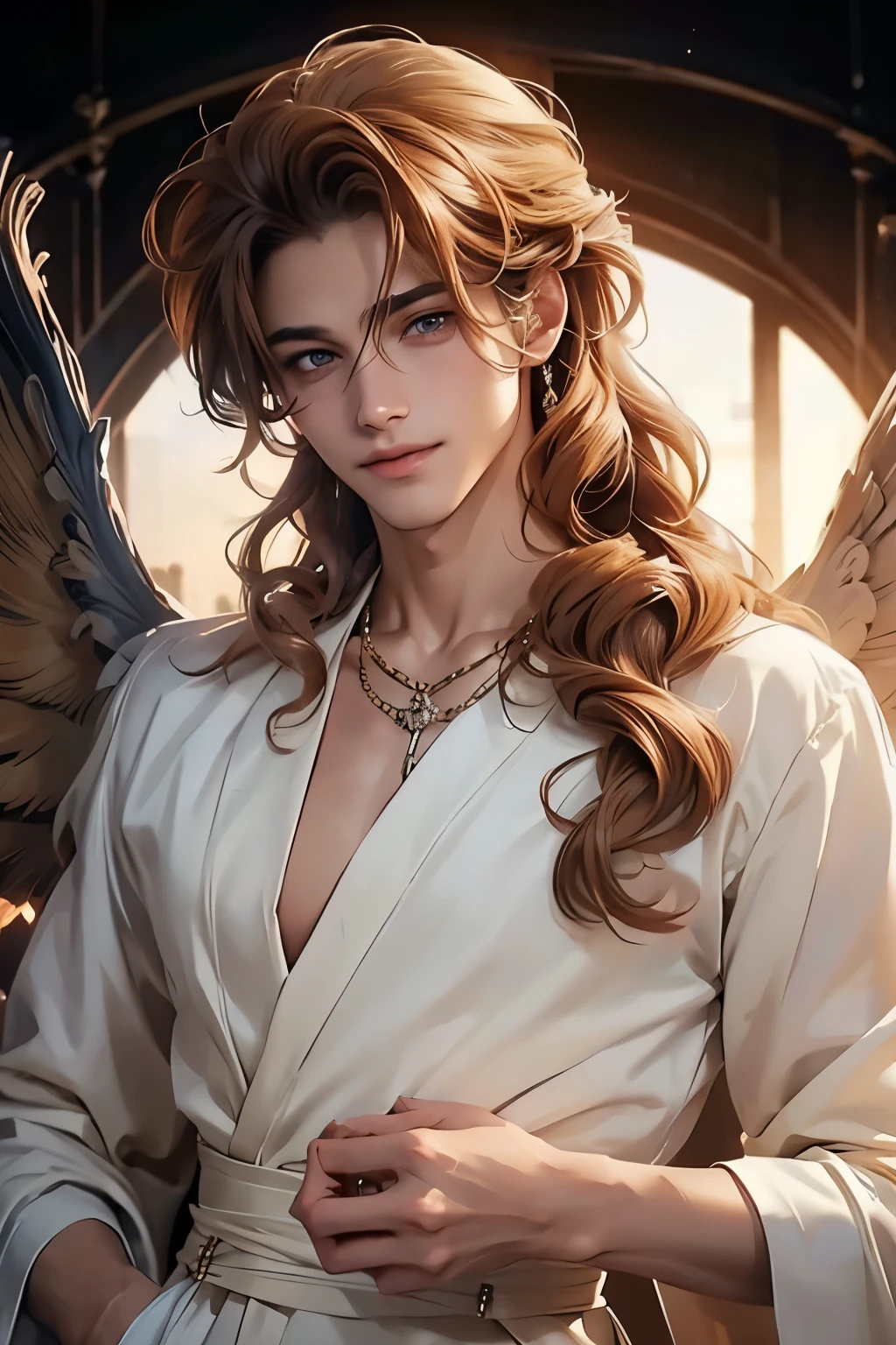 ((Best quality)), ((masterpiece)), 8k (detailed), ((perfect face)), ((halfbody)) perfect proporcions, He is a beautiful angel, he is 18 years old, he has honey-colored hair, long hair, he has beautiful eyes, he has curly hair, he dresses in white with fancy clothes, he has white angel wings, he smiles, there is a heaven sunset rose behind him, ((perfect face)) halfbody