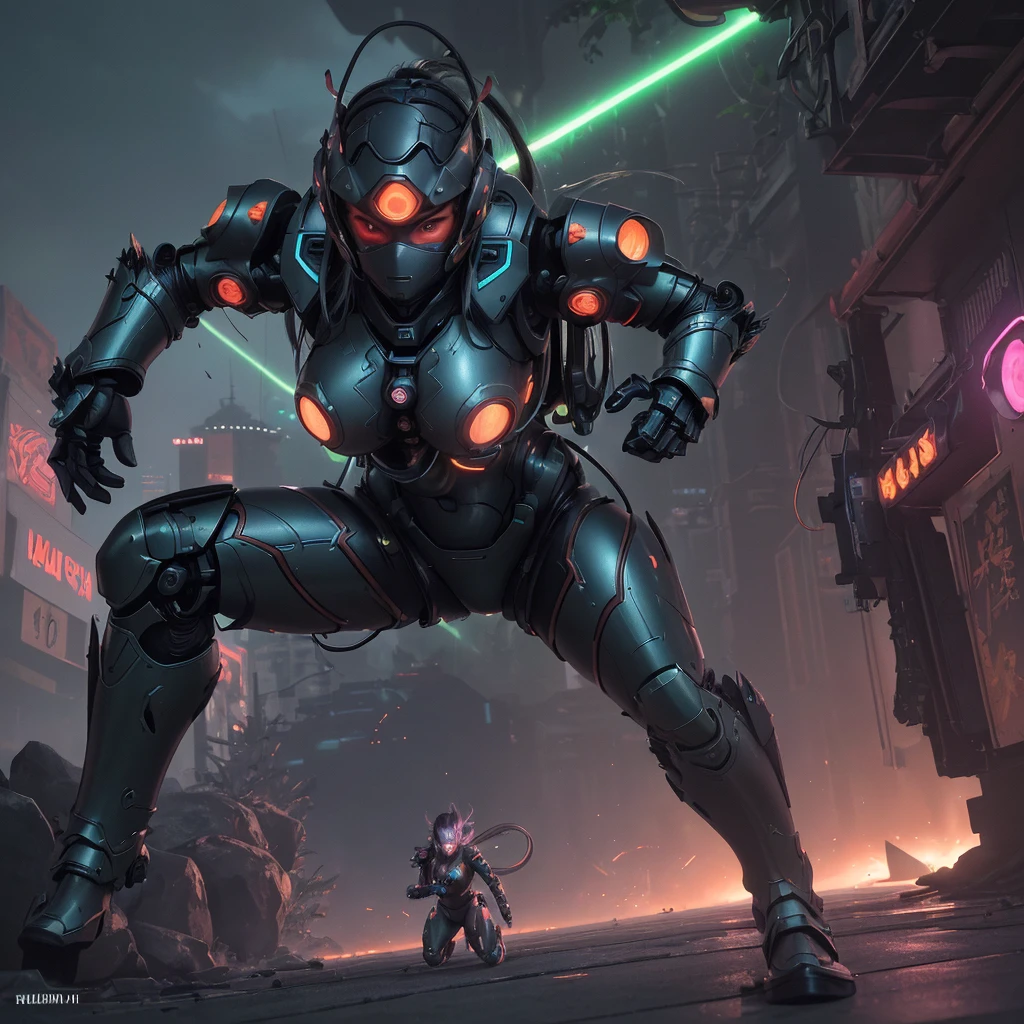 (best quality,4k,highres,masterpiece:1.2),ultra-detailed,realistic:1.37,A busty malaysian woman (age 20) pilots a sexy ninja themed mecha to stop an invasion of slimy alien tentacle beasts,illustration,metallic,ninja armor,powerful stance,explosive action,sunset horizon,cityscape,neon lights,sharp focus,glowing,physically-based rendering,action-packed, intense combat,sci-fi,horror,neon color palette,heavy shadows,dynamic lighting,fluid motion