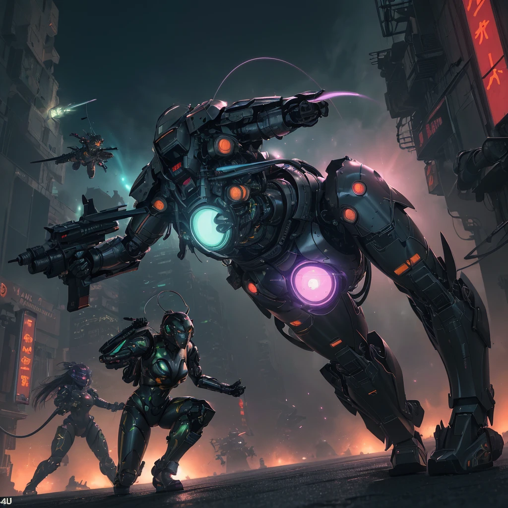 (best quality,4k,highres,masterpiece:1.2),ultra-detailed,realistic:1.37,A busty malaysian woman (age 20) pilots a sexy ninja themed mecha to stop an invasion of slimy alien tentacle beasts,illustration,metallic,ninja armor,powerful stance,explosive action,sunset horizon,cityscape,neon lights,sharp focus,glowing,physically-based rendering,action-packed, intense combat,sci-fi,horror,neon color palette,heavy shadows,dynamic lighting,fluid motion